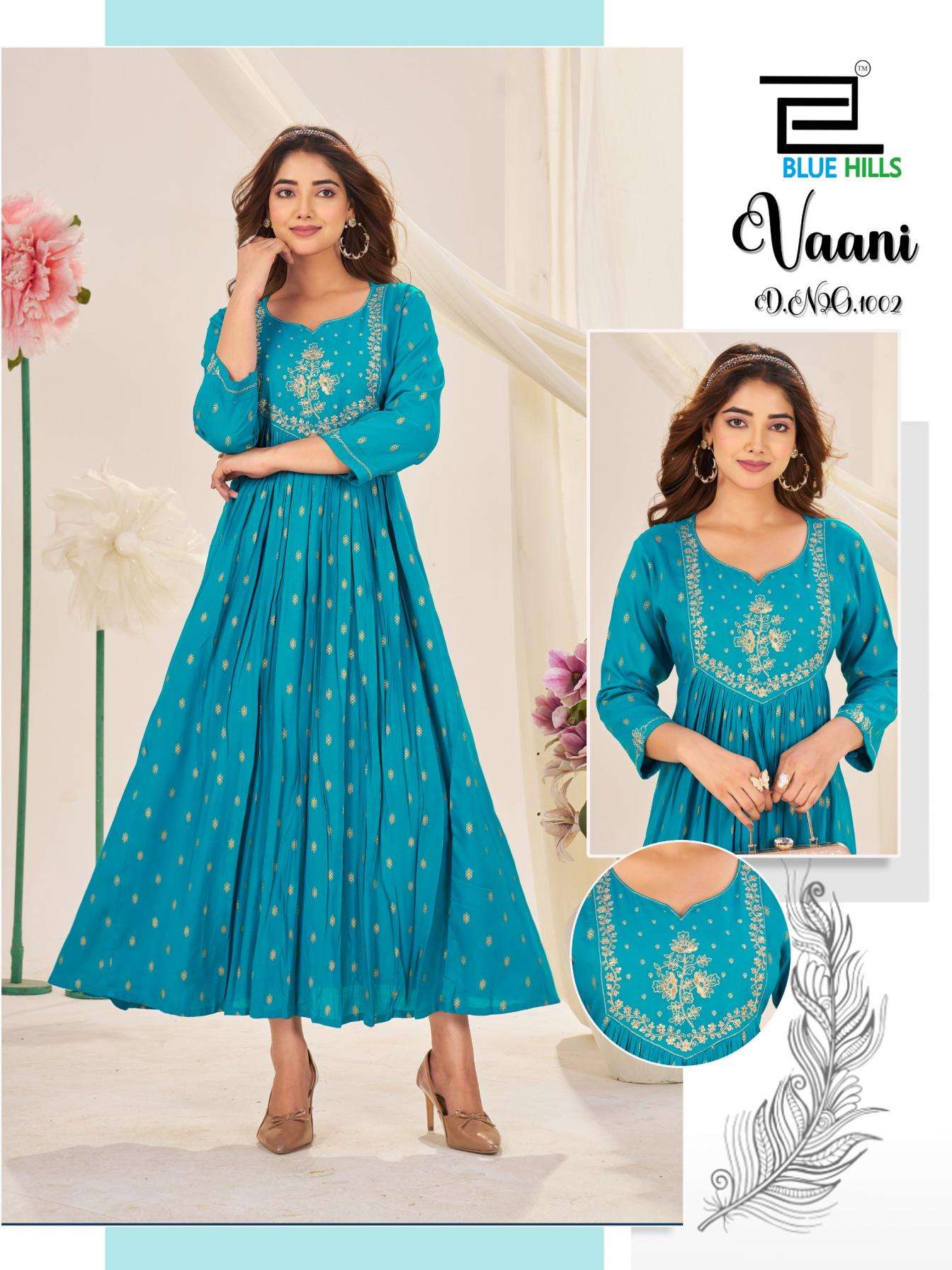 blue hills presents vaani readymade rayon big size classic gown stylr kurtis catalog