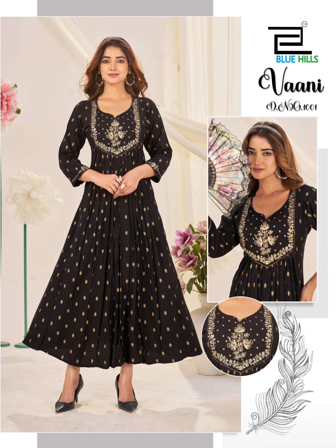blue hills presents vaani readymade rayon big size classic gown stylr kurtis catalog