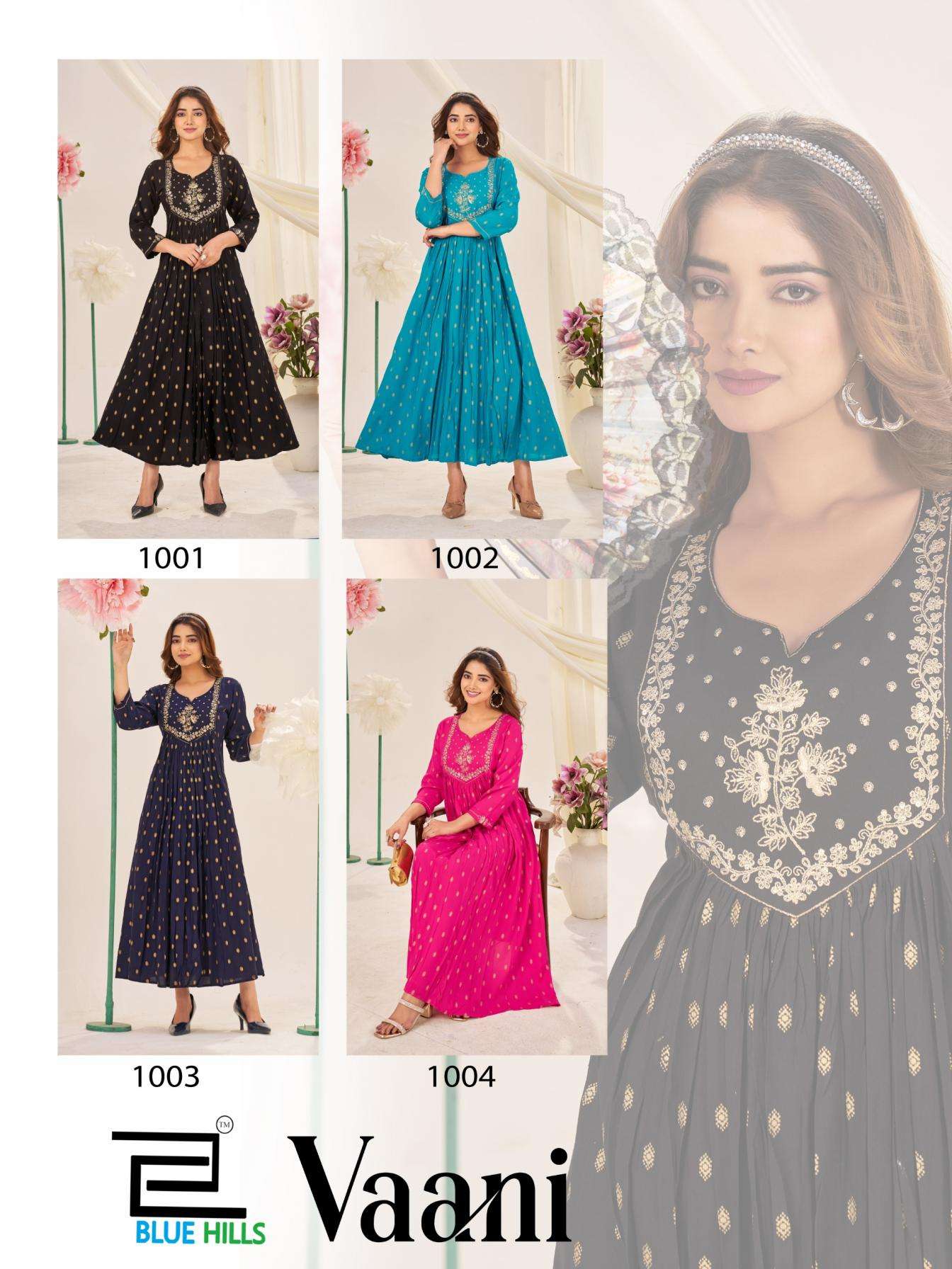 blue hills presents vaani readymade rayon big size classic gown stylr kurtis catalog