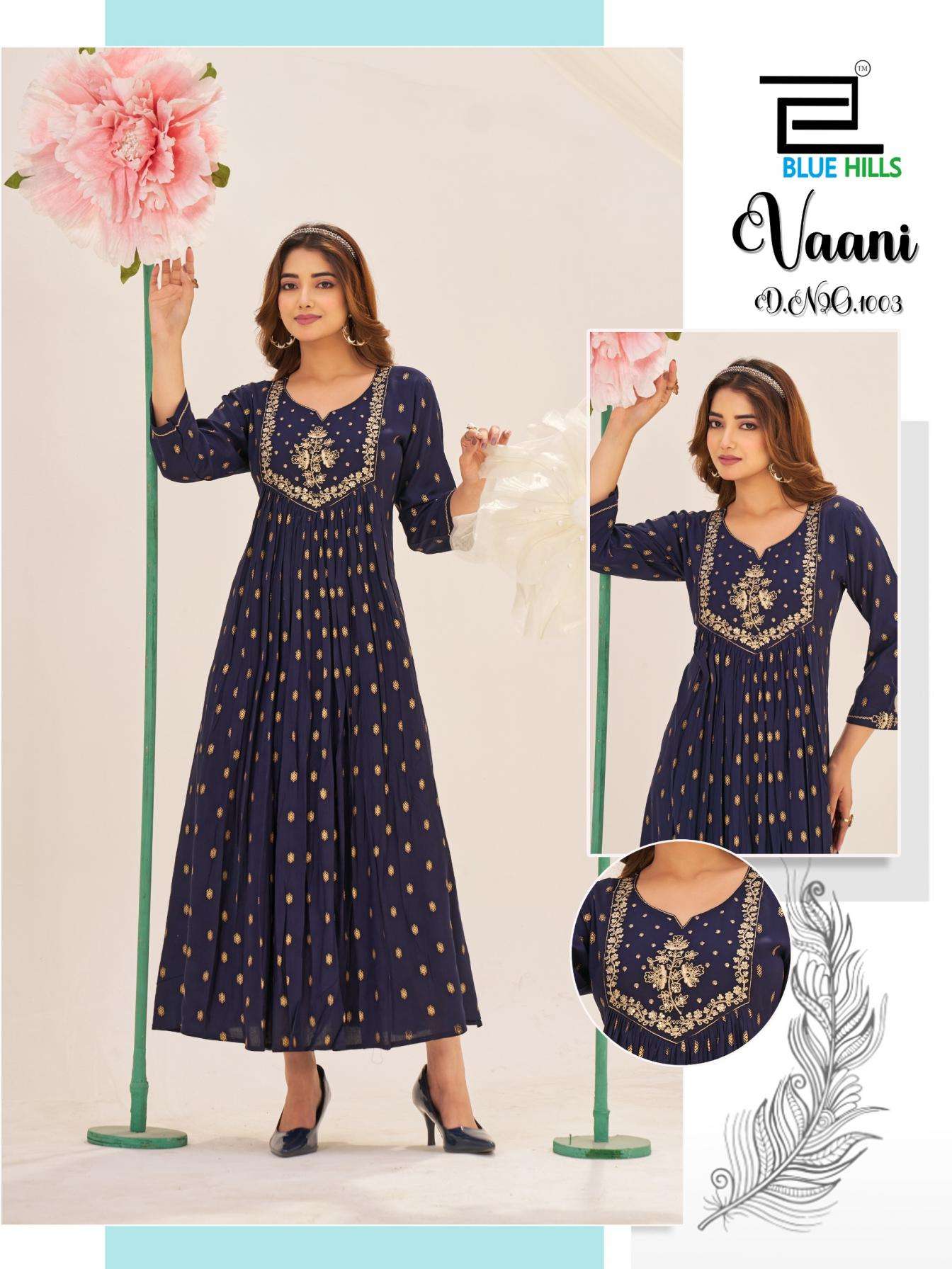 blue hills presents vaani readymade rayon big size classic gown stylr kurtis catalog