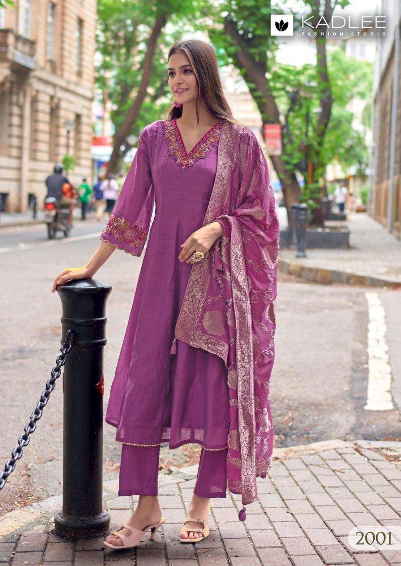 Kadlee Presents Morni Mull Chanderi Hit Design Full Stitch 3pcs kurtis Catalog Wholesaler And Exporter 