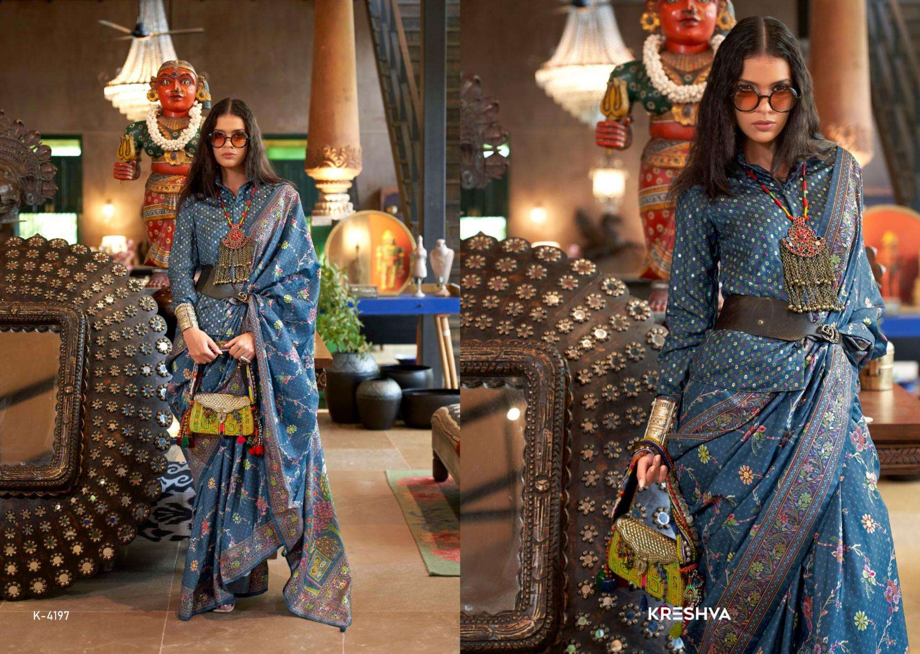 kreshva presents sensation silk 4197-4202 shop trendy sarees catalog wholesaler