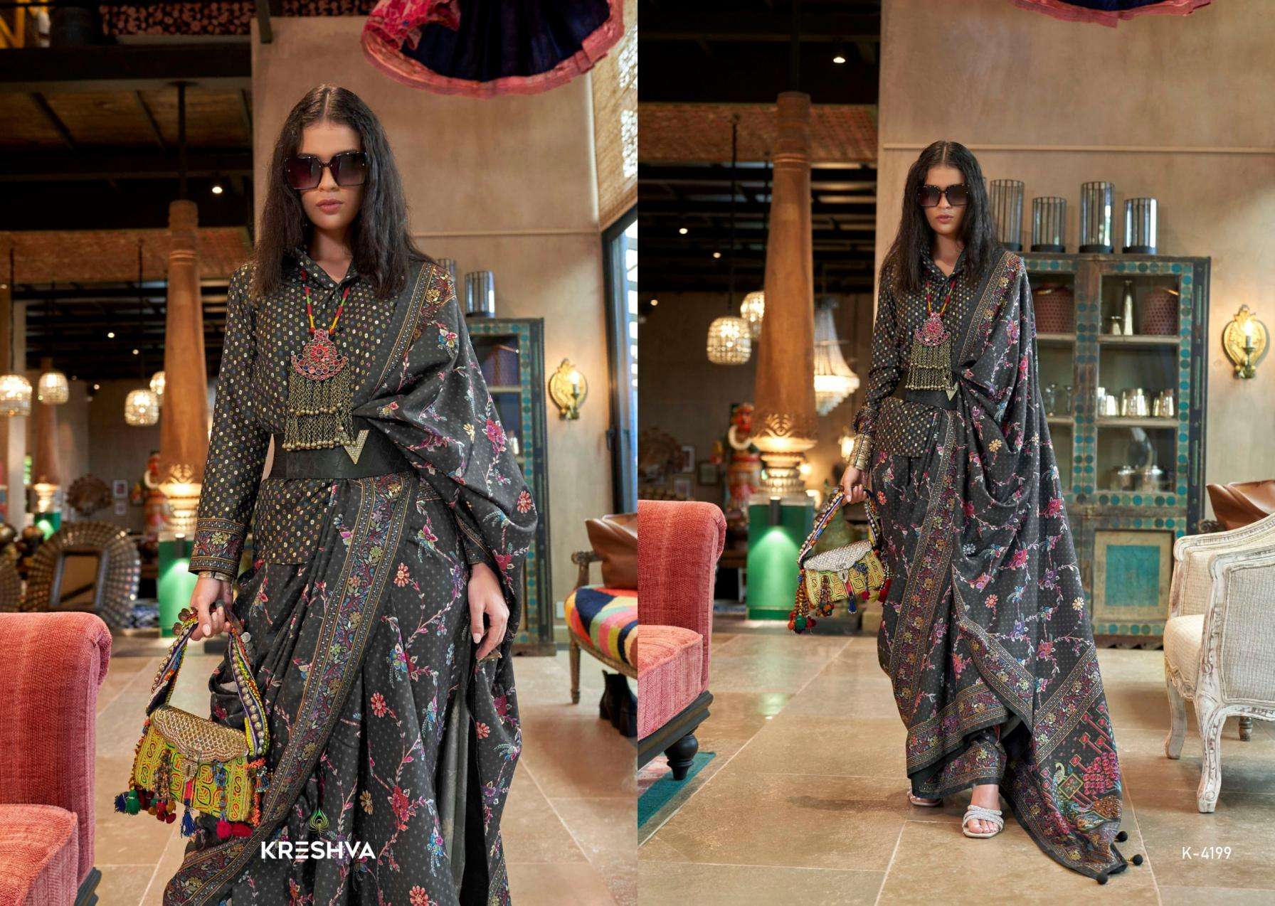 kreshva presents sensation silk 4197-4202 shop trendy sarees catalog wholesaler