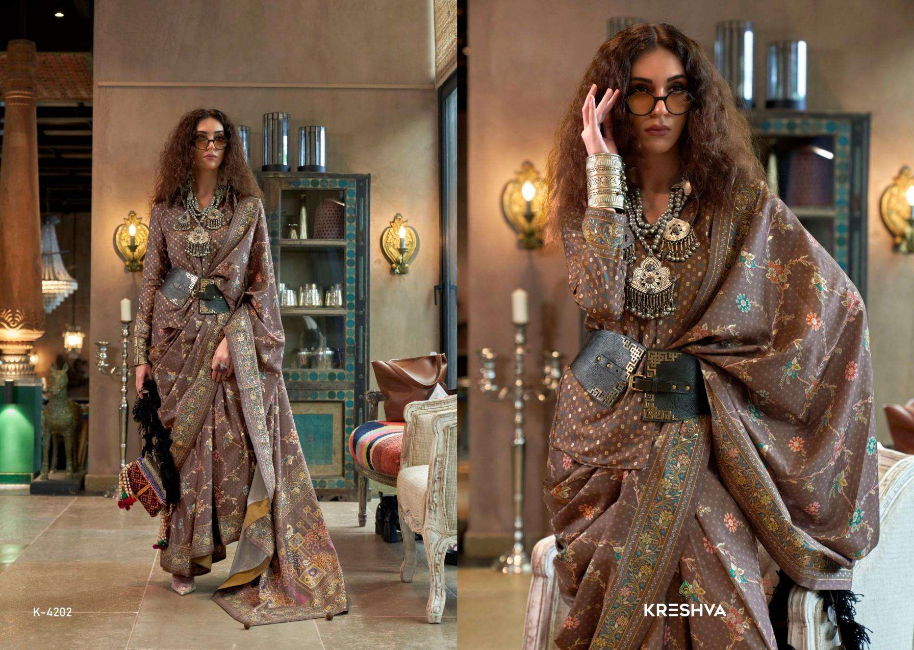 kreshva presents sensation silk 4197-4202 shop trendy sarees catalog wholesaler