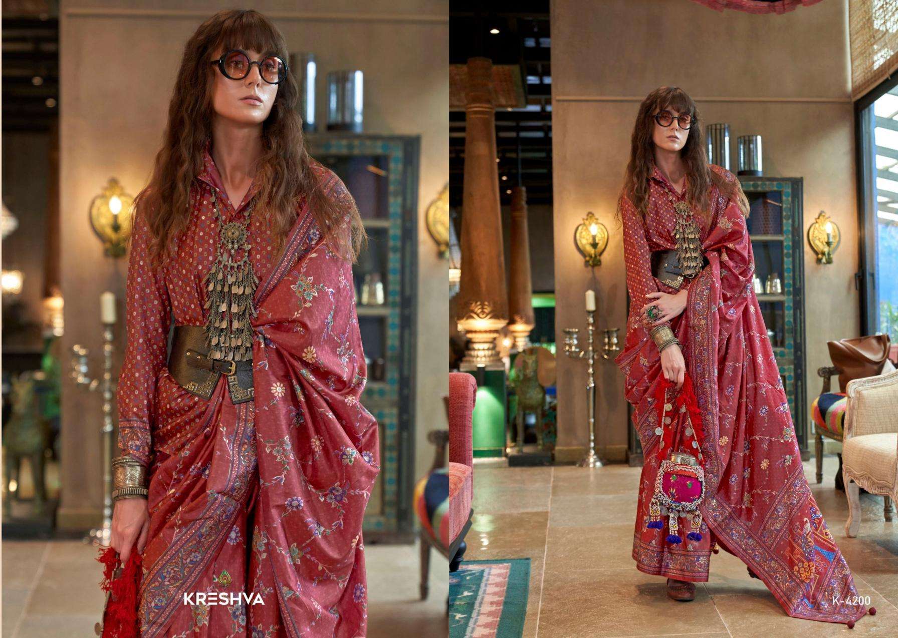 kreshva presents sensation silk 4197-4202 shop trendy sarees catalog wholesaler