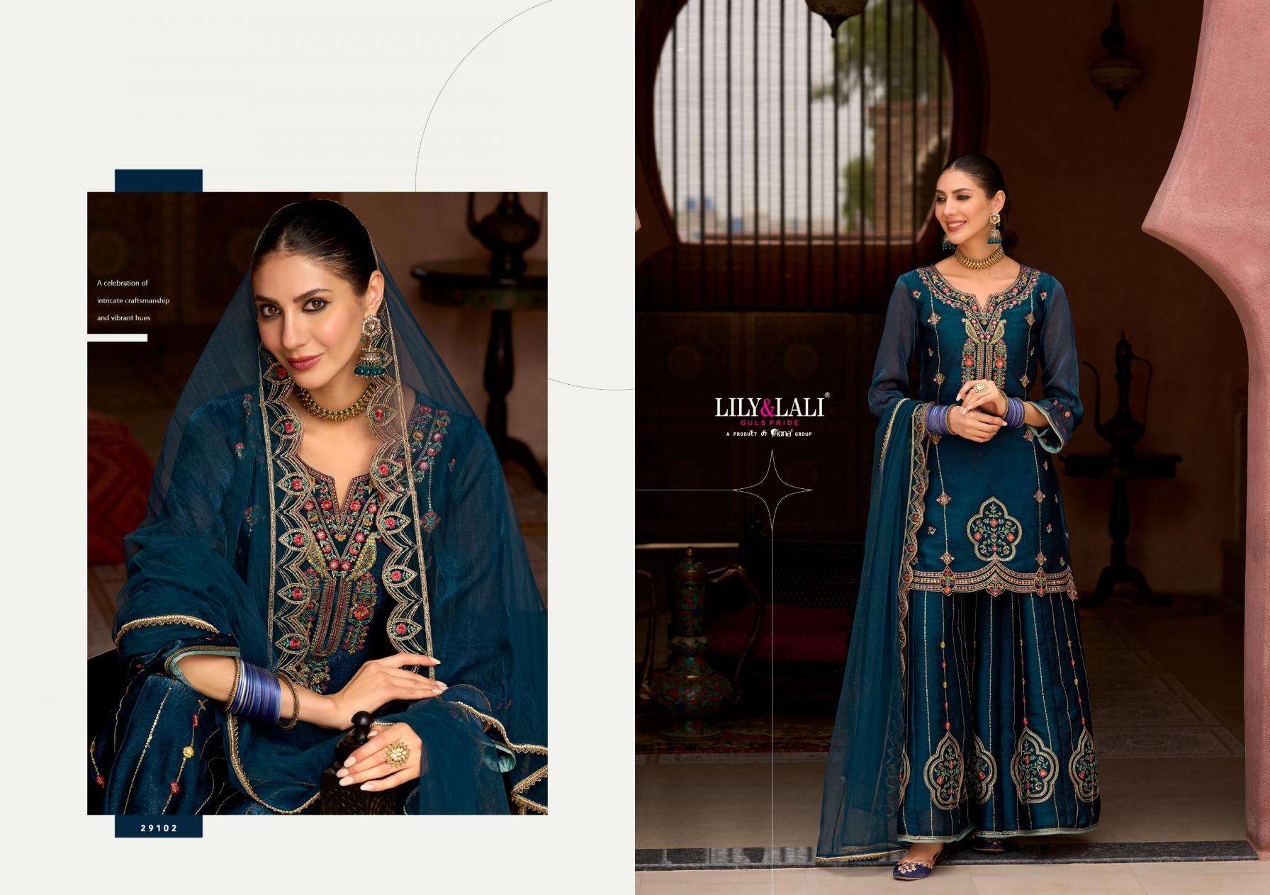 Lily & Lali Presents Andorra Silk Exclusive Kali Work Full Stitch Sharara Style Dress Catalog Wholesaler And Exporter 