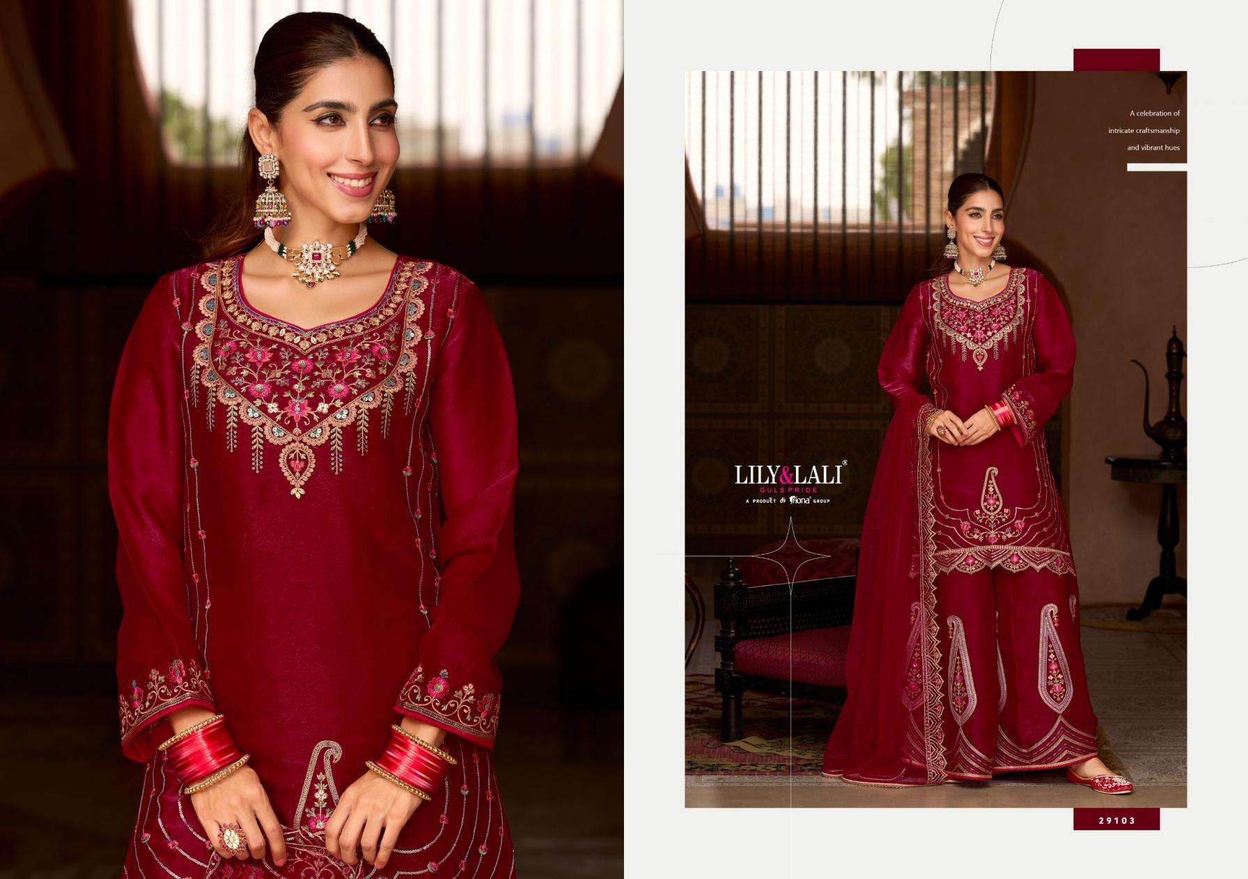 Lily & Lali Presents Andorra Silk Exclusive Kali Work Full Stitch Sharara Style Dress Catalog Wholesaler And Exporter 