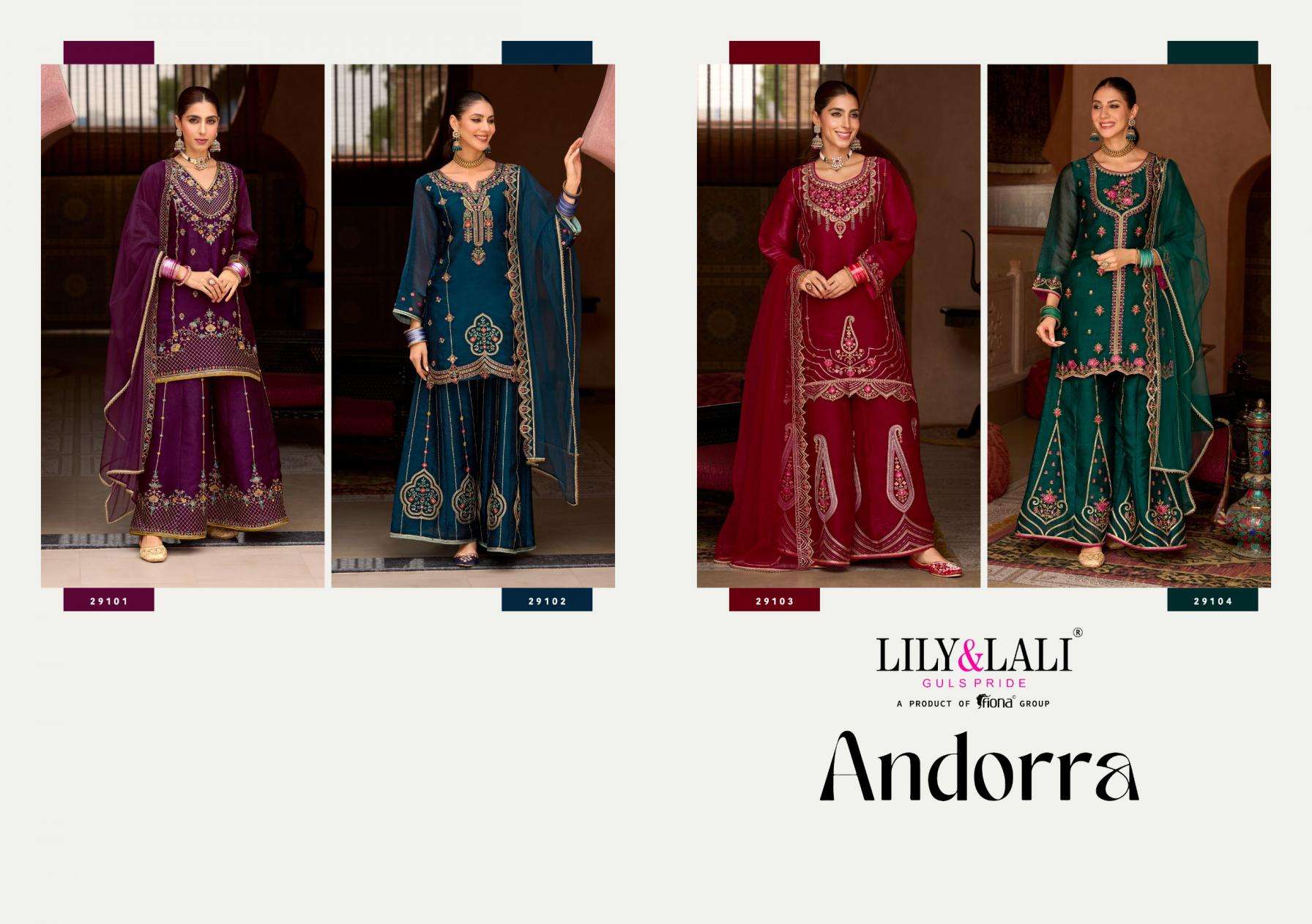 Lily & Lali Presents Andorra Silk Exclusive Kali Work Full Stitch Sharara Style Dress Catalog Wholesaler And Exporter 