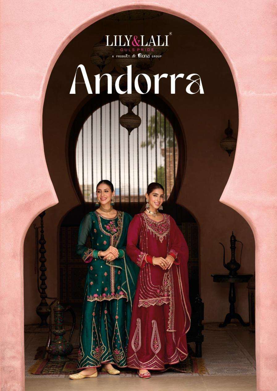 Lily & Lali Presents Andorra Silk Exclusive Kali Work Full Stitch Sharara Style Dress Catalog Wholesaler And Exporter 