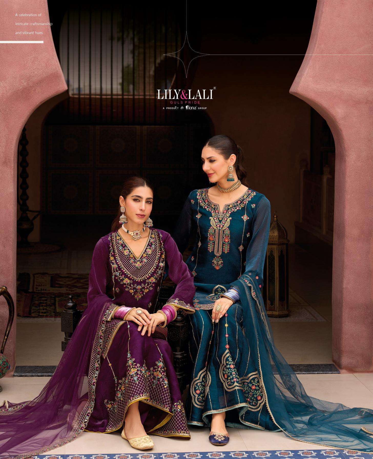 Lily & Lali Presents Andorra Silk Exclusive Kali Work Full Stitch Sharara Style Dress Catalog Wholesaler And Exporter 