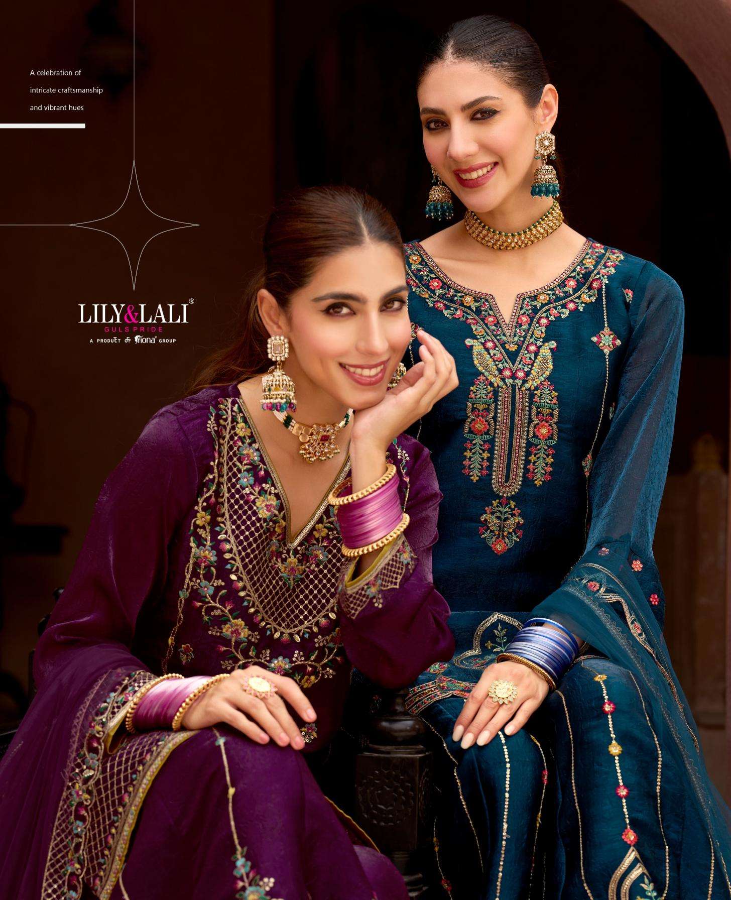 Lily & Lali Presents Andorra Silk Exclusive Kali Work Full Stitch Sharara Style Dress Catalog Wholesaler And Exporter 