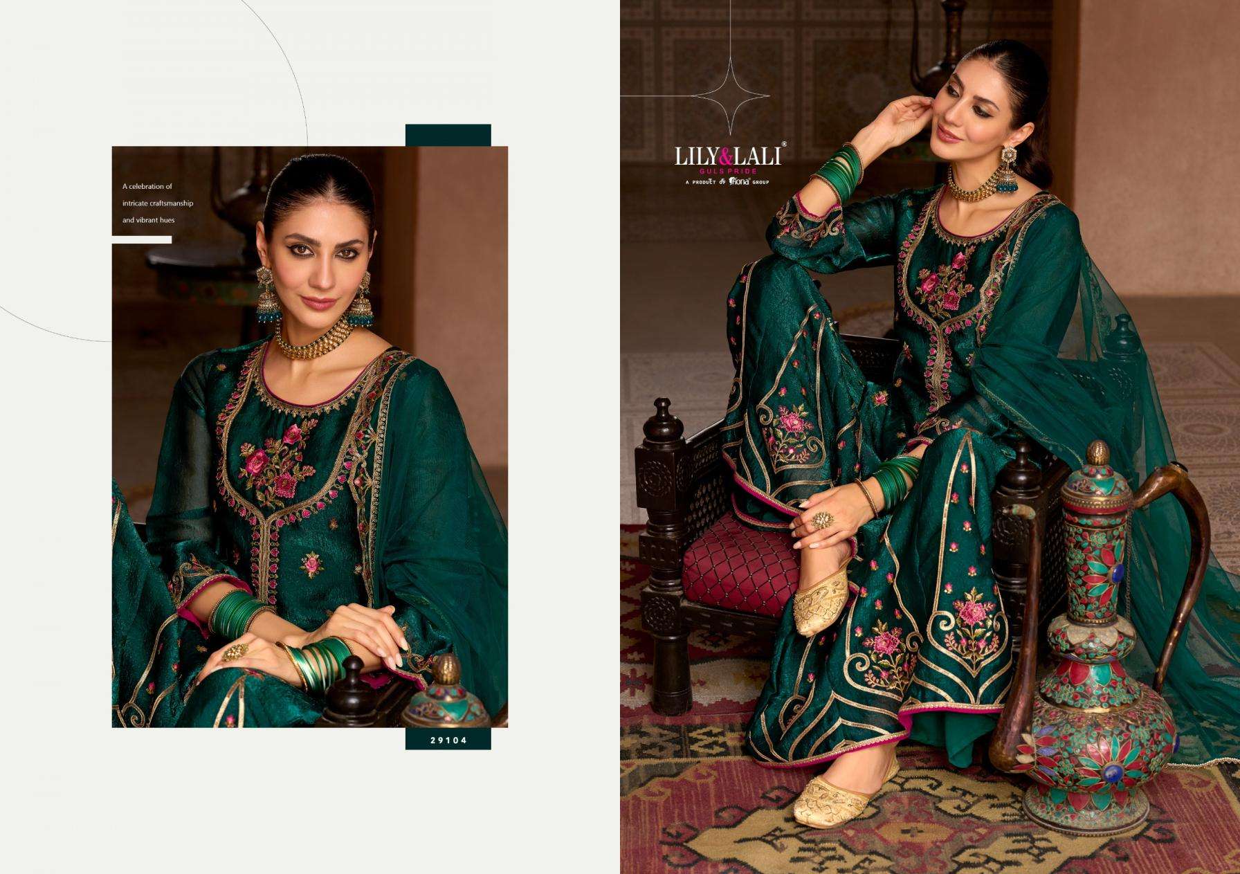 Lily & Lali Presents Andorra Silk Exclusive Kali Work Full Stitch Sharara Style Dress Catalog Wholesaler And Exporter 