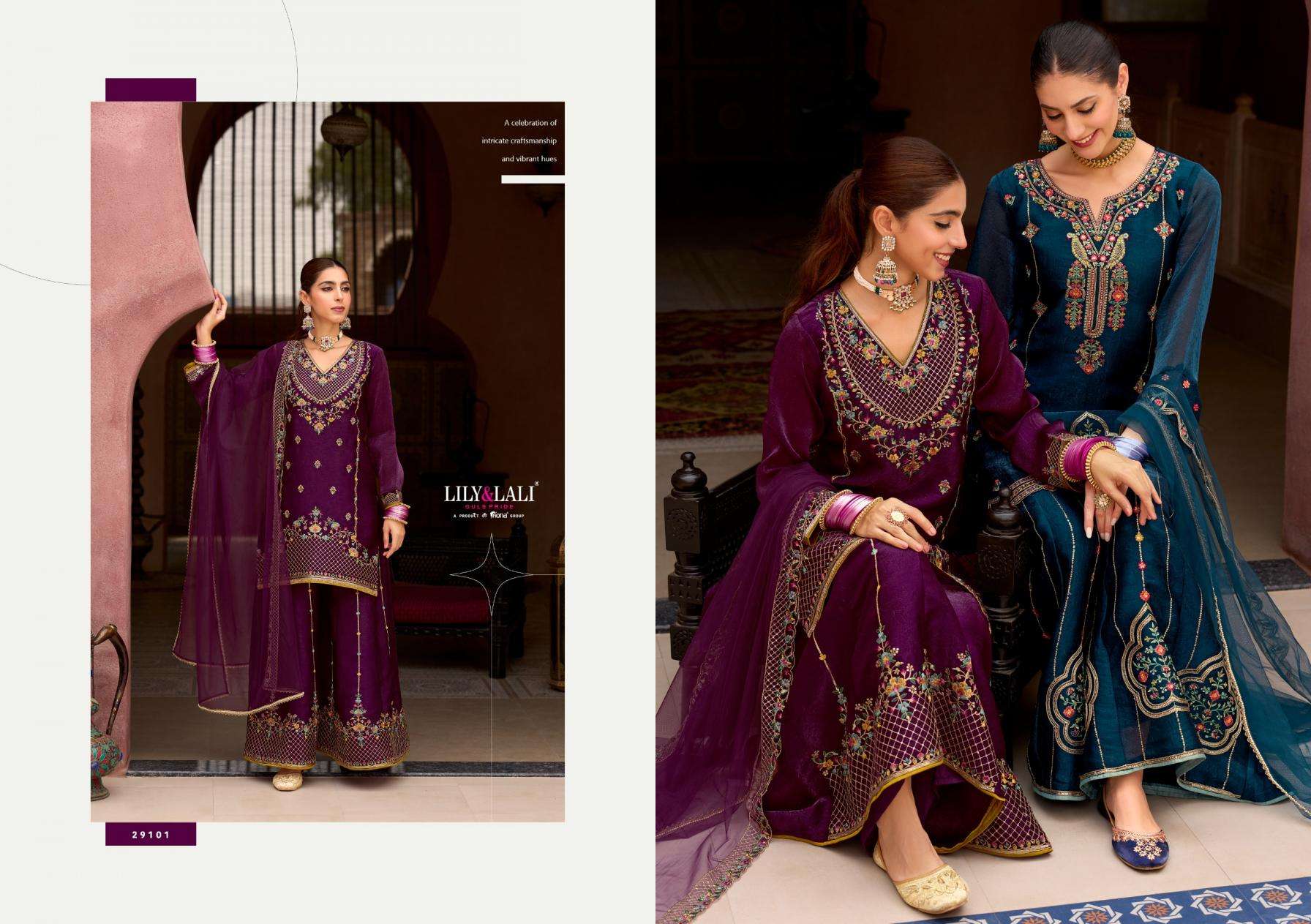 Lily & Lali Presents Andorra Silk Exclusive Kali Work Full Stitch Sharara Style Dress Catalog Wholesaler And Exporter 