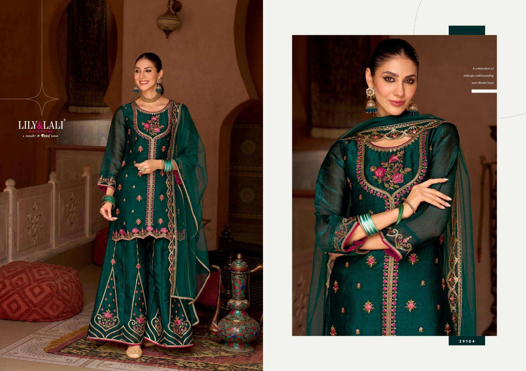 Lily & Lali Presents Andorra Silk Exclusive Kali Work Full Stitch Sharara Style Dress Catalog Wholesaler And Exporter 