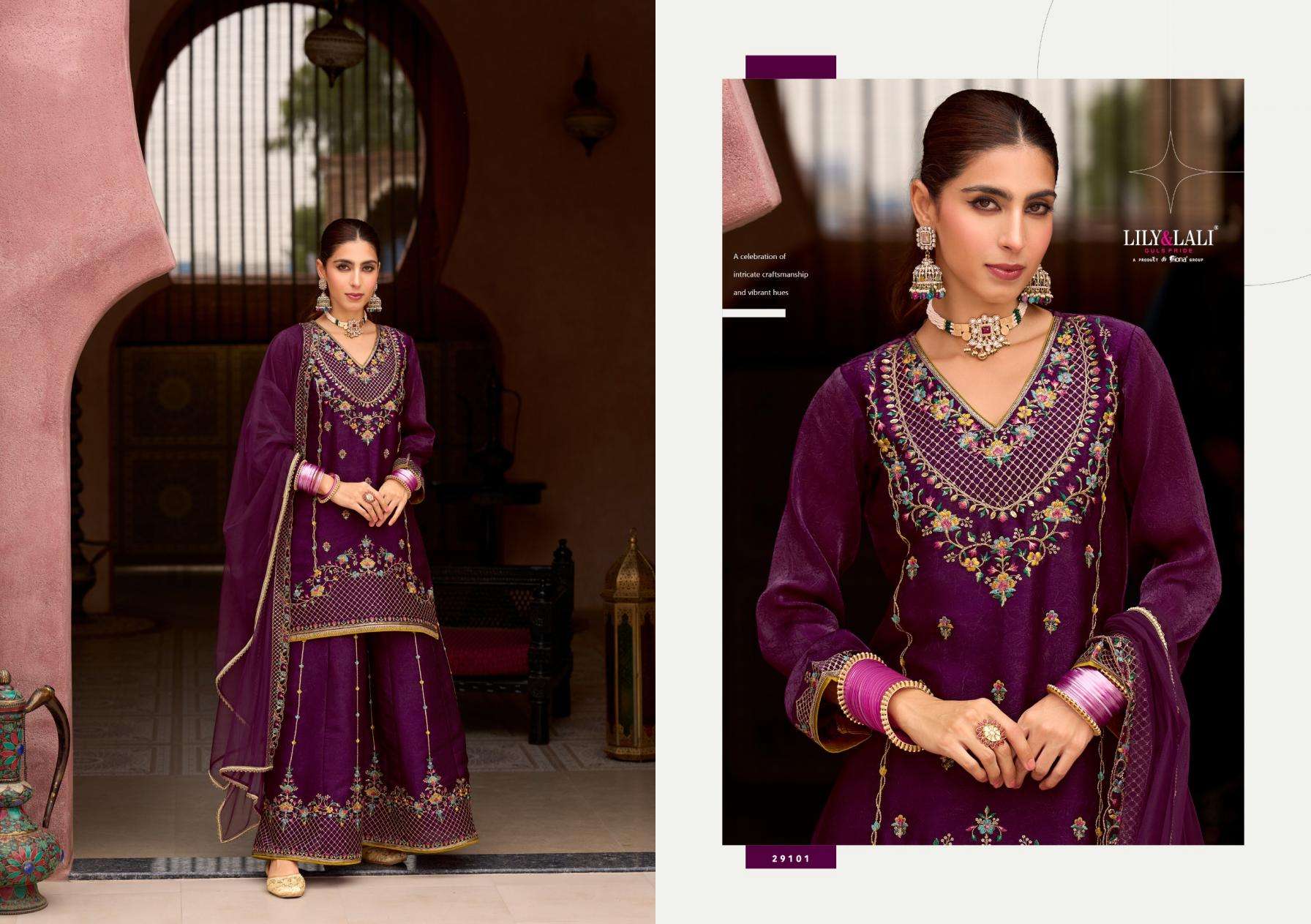 Lily & Lali Presents Andorra Silk Exclusive Kali Work Full Stitch Sharara Style Dress Catalog Wholesaler And Exporter 