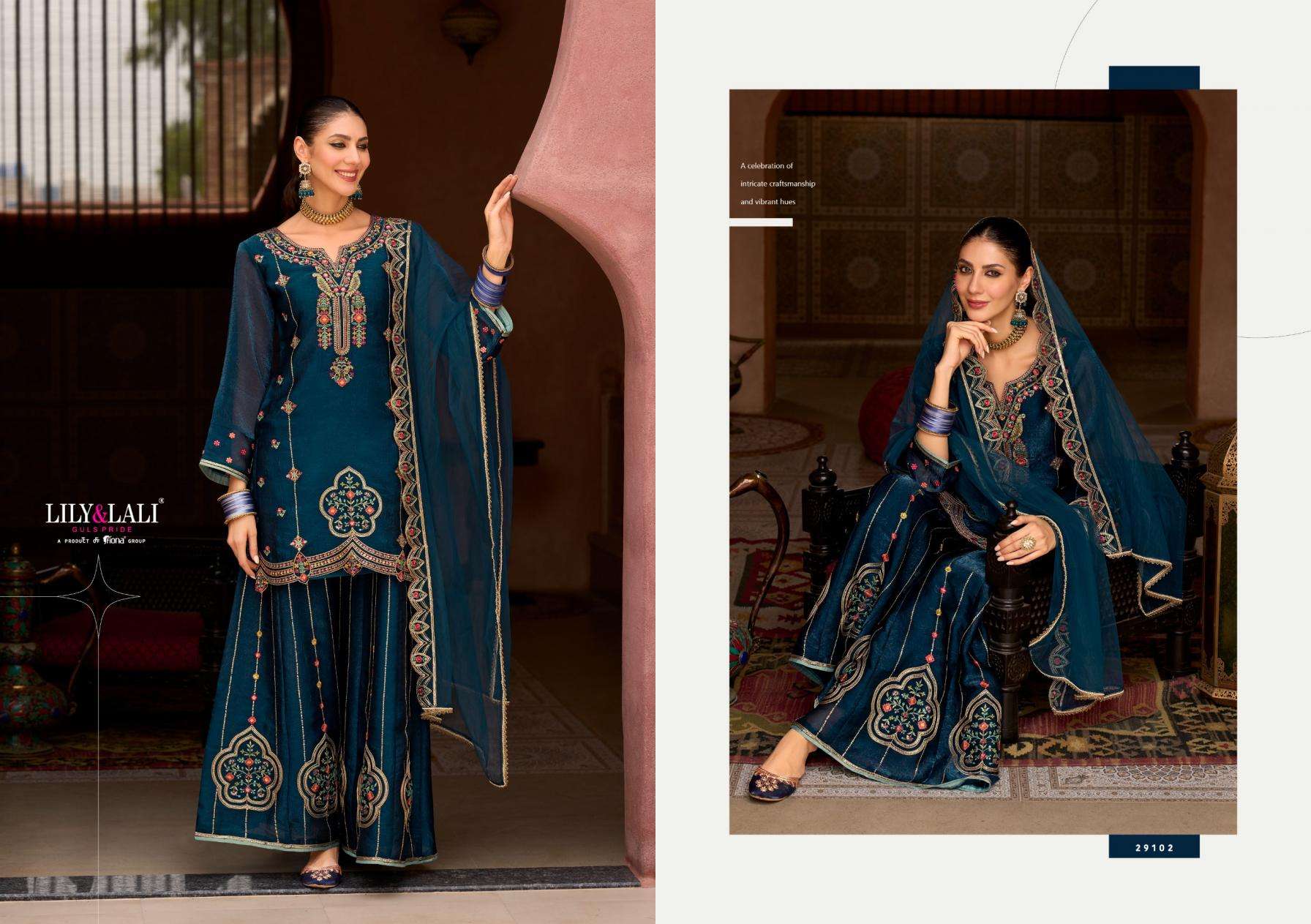 Lily & Lali Presents Andorra Silk Exclusive Kali Work Full Stitch Sharara Style Dress Catalog Wholesaler And Exporter 