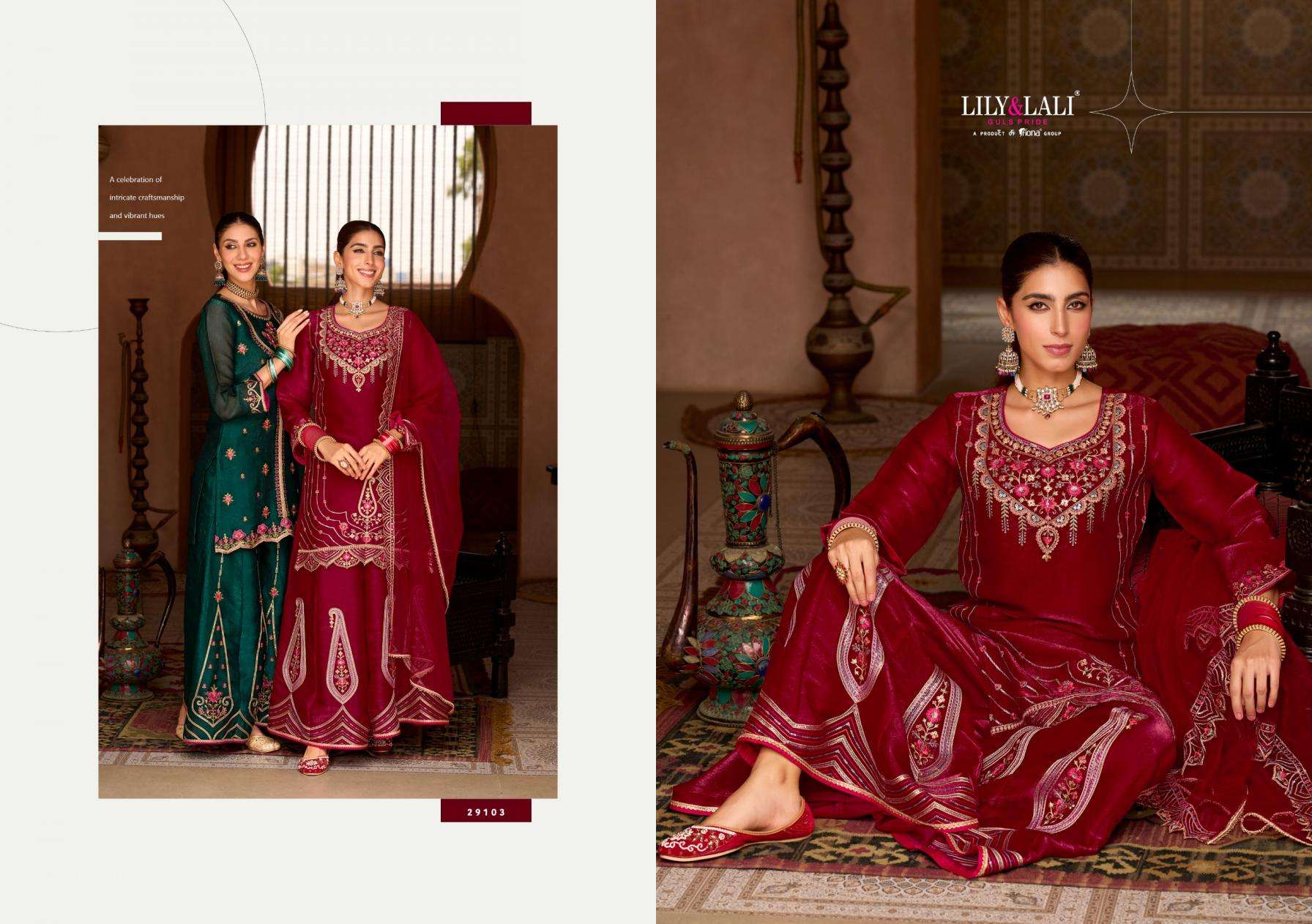 Lily & Lali Presents Andorra Silk Exclusive Kali Work Full Stitch Sharara Style Dress Catalog Wholesaler And Exporter 