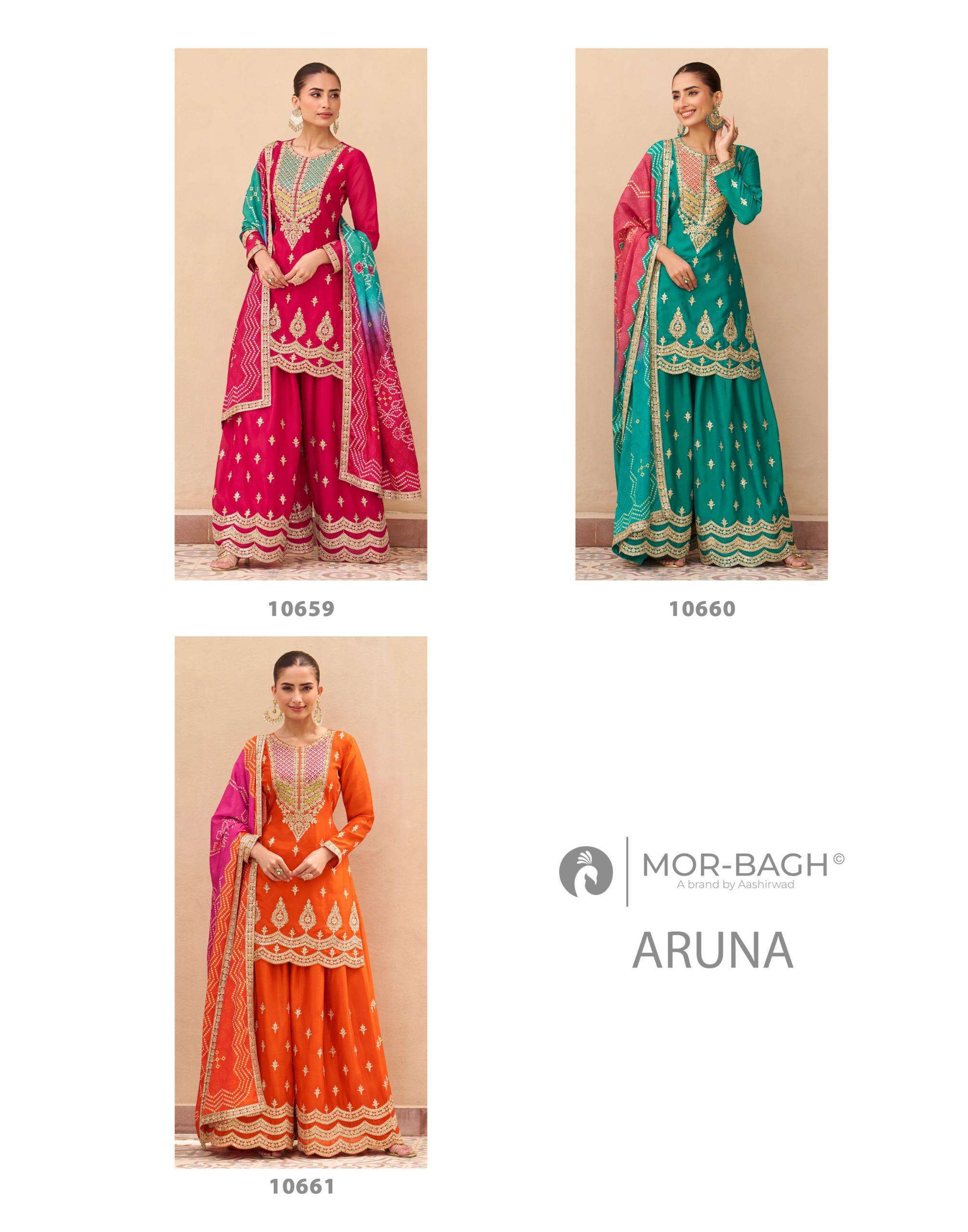 Aashirwad Presents Mor Bagh Aruna Chinon Silk Fully Stitch Fashionbale Plazzo Suits Catalog Wholesaler And Exporter 