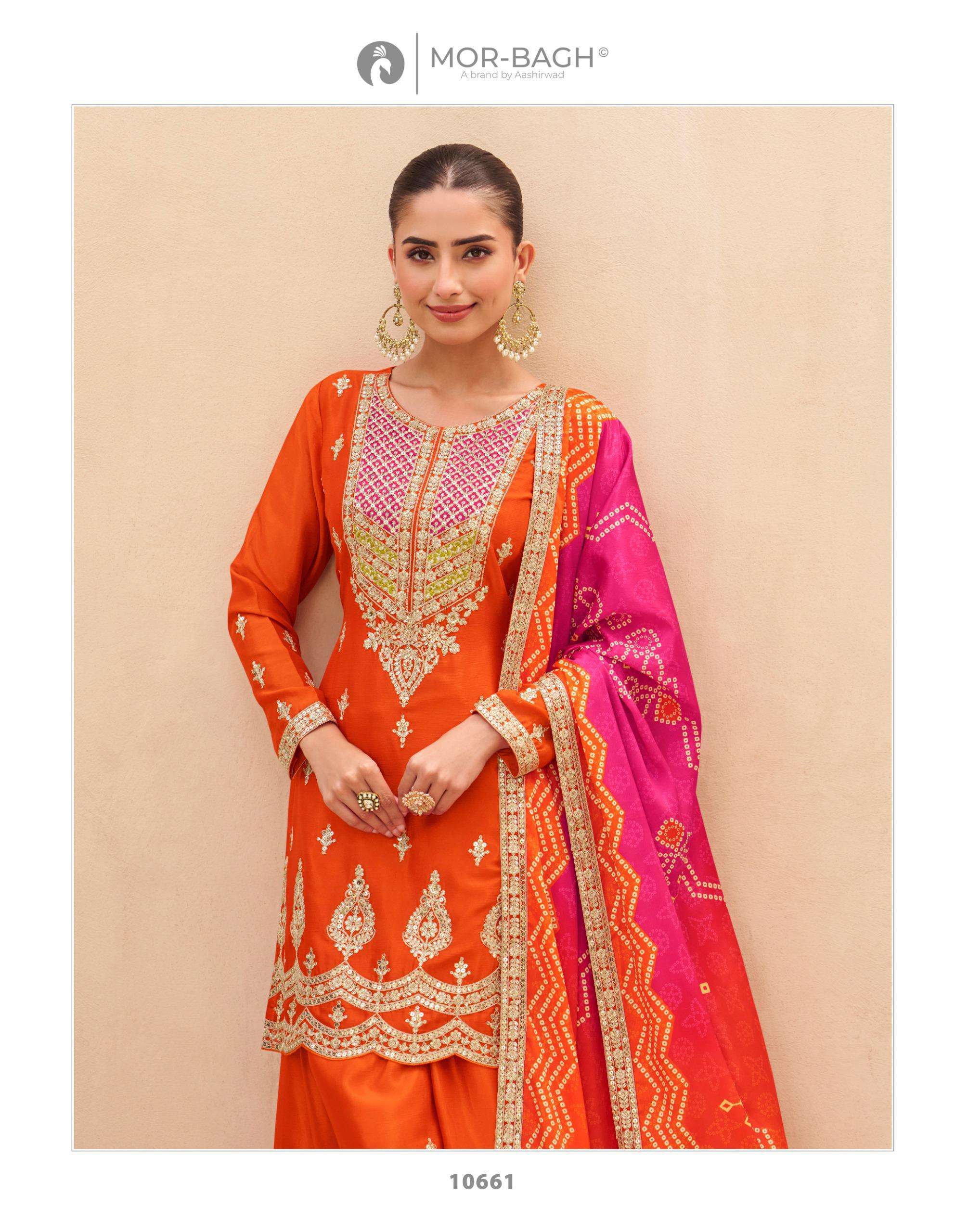 Aashirwad Presents Mor Bagh Aruna Chinon Silk Fully Stitch Fashionbale Plazzo Suits Catalog Wholesaler And Exporter 