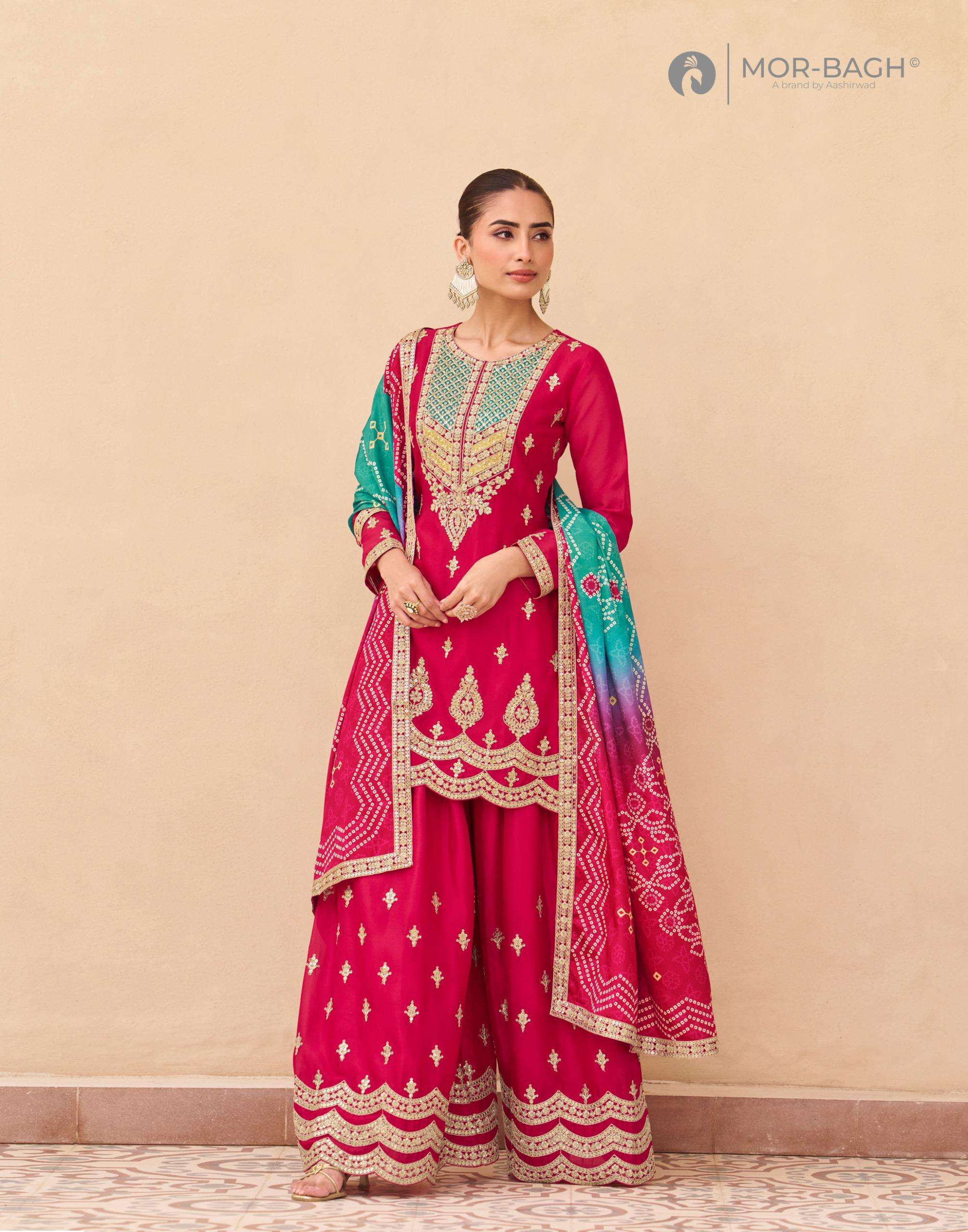 Aashirwad Presents Mor Bagh Aruna Chinon Silk Fully Stitch Fashionbale Plazzo Suits Catalog Wholesaler And Exporter 