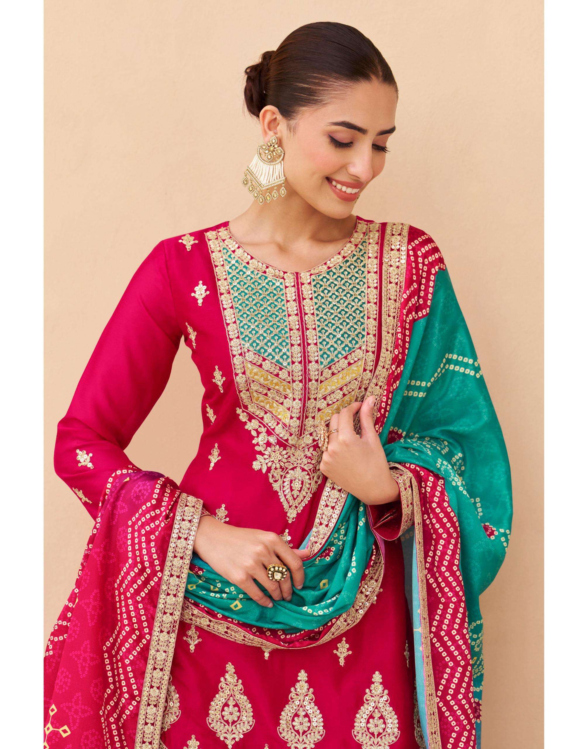 Aashirwad Presents Mor Bagh Aruna Chinon Silk Fully Stitch Fashionbale Plazzo Suits Catalog Wholesaler And Exporter 