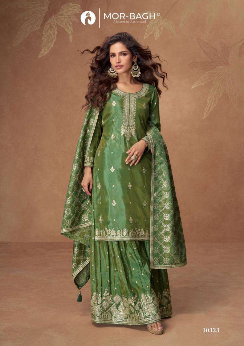 Aashirwad Presents Radha Mor Bagh Simar Silk Readymade Party Wear Plazzo Salwar Suits Catalog Wholesaler And Exporter