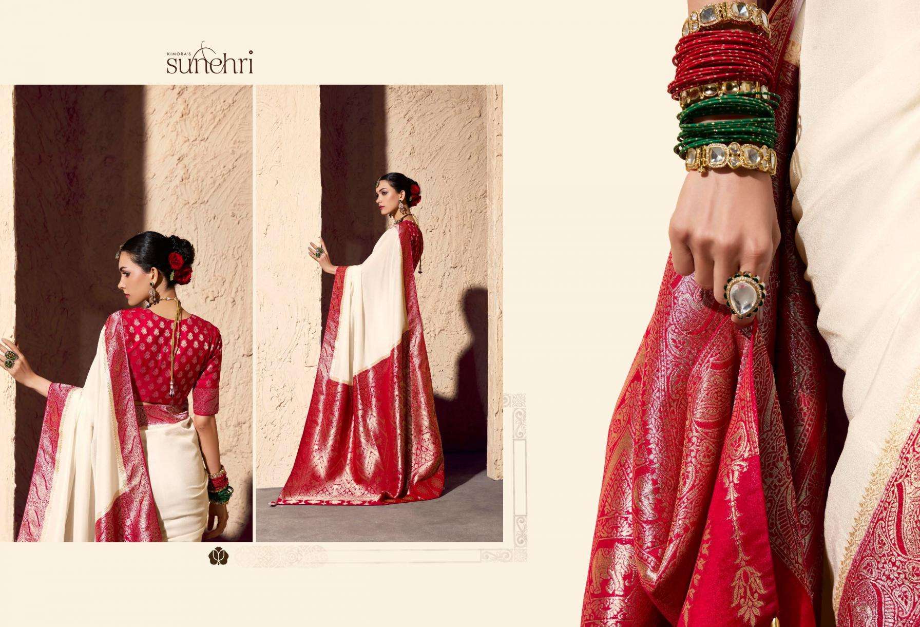 Kimora Presents Indri Sunehri Crape Georgette 1561-1571 Occasion Wear Saree Catalog Wholesaler And Exporter 