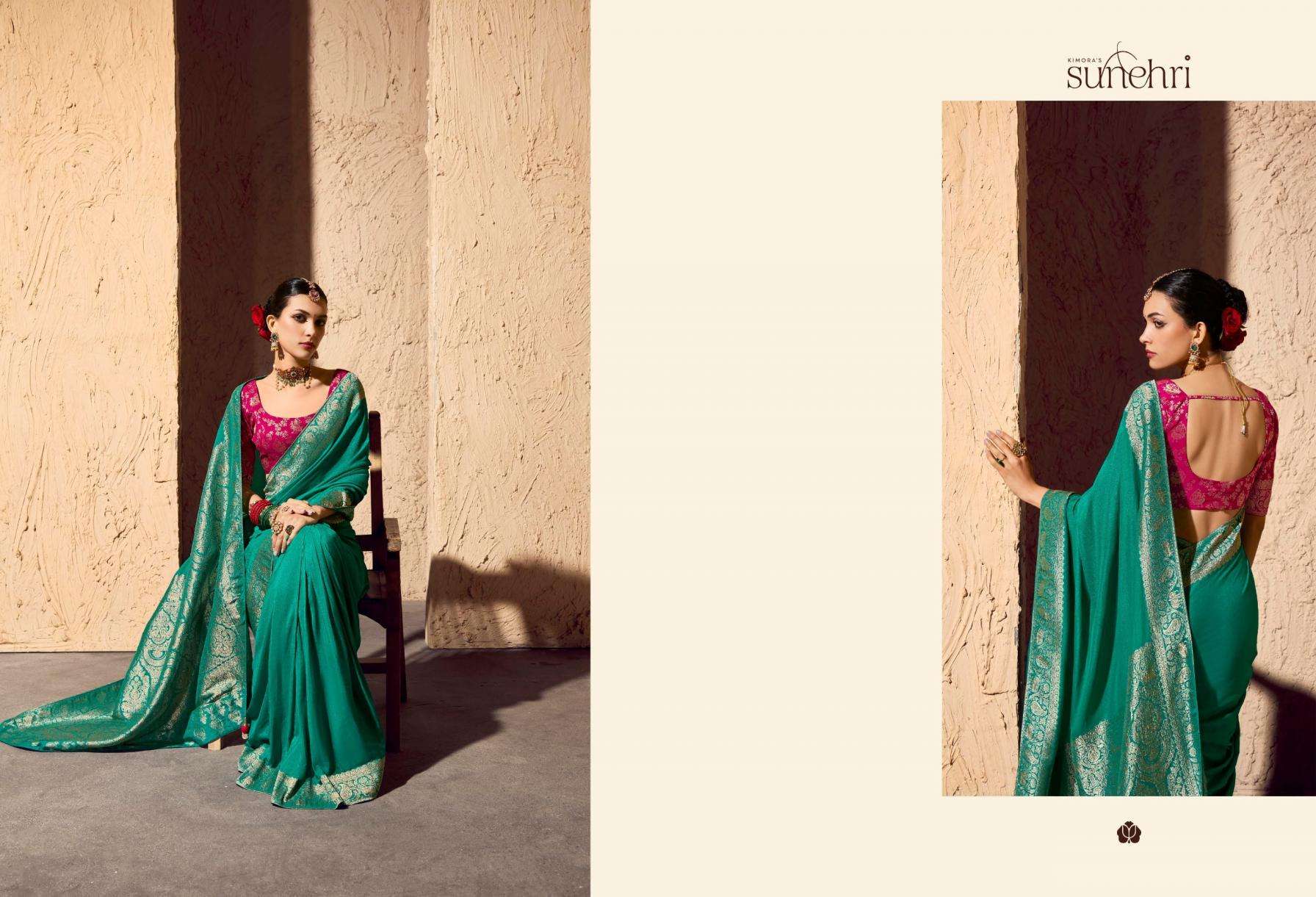 Kimora Presents Indri Sunehri Crape Georgette 1561-1571 Occasion Wear Saree Catalog Wholesaler And Exporter 