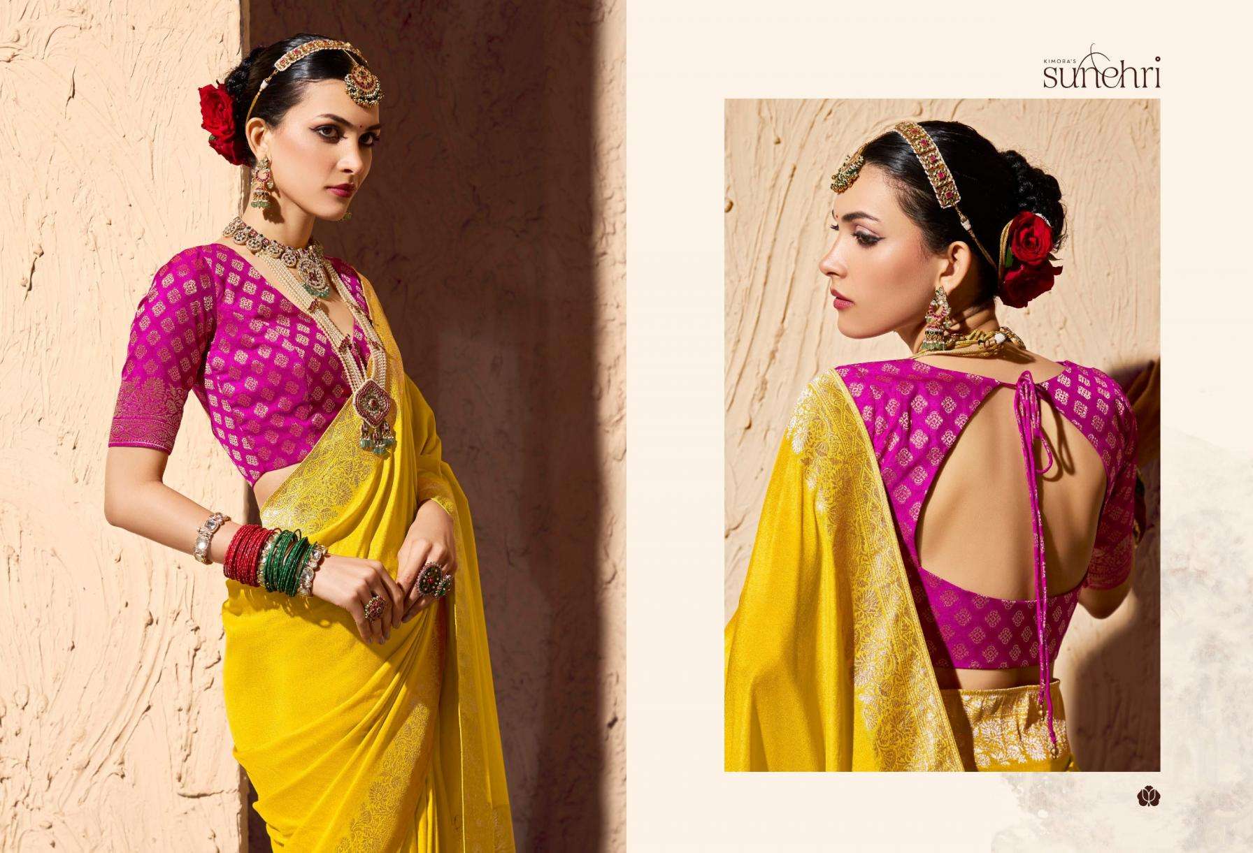 Kimora Presents Indri Sunehri Crape Georgette 1561-1571 Occasion Wear Saree Catalog Wholesaler And Exporter 
