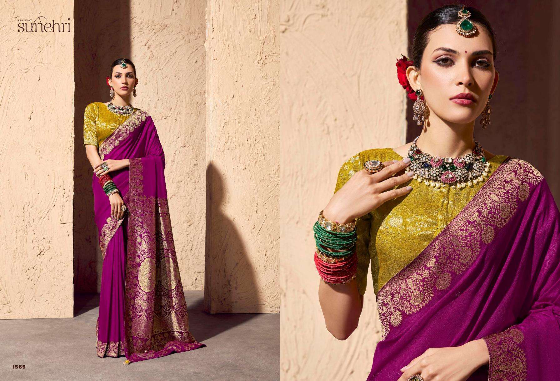 Kimora Presents Indri Sunehri Crape Georgette 1561-1571 Occasion Wear Saree Catalog Wholesaler And Exporter 