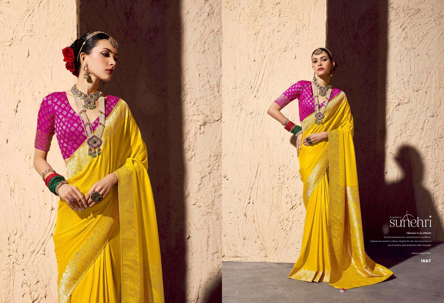 Kimora Presents Indri Sunehri Crape Georgette 1561-1571 Occasion Wear Saree Catalog Wholesaler And Exporter 