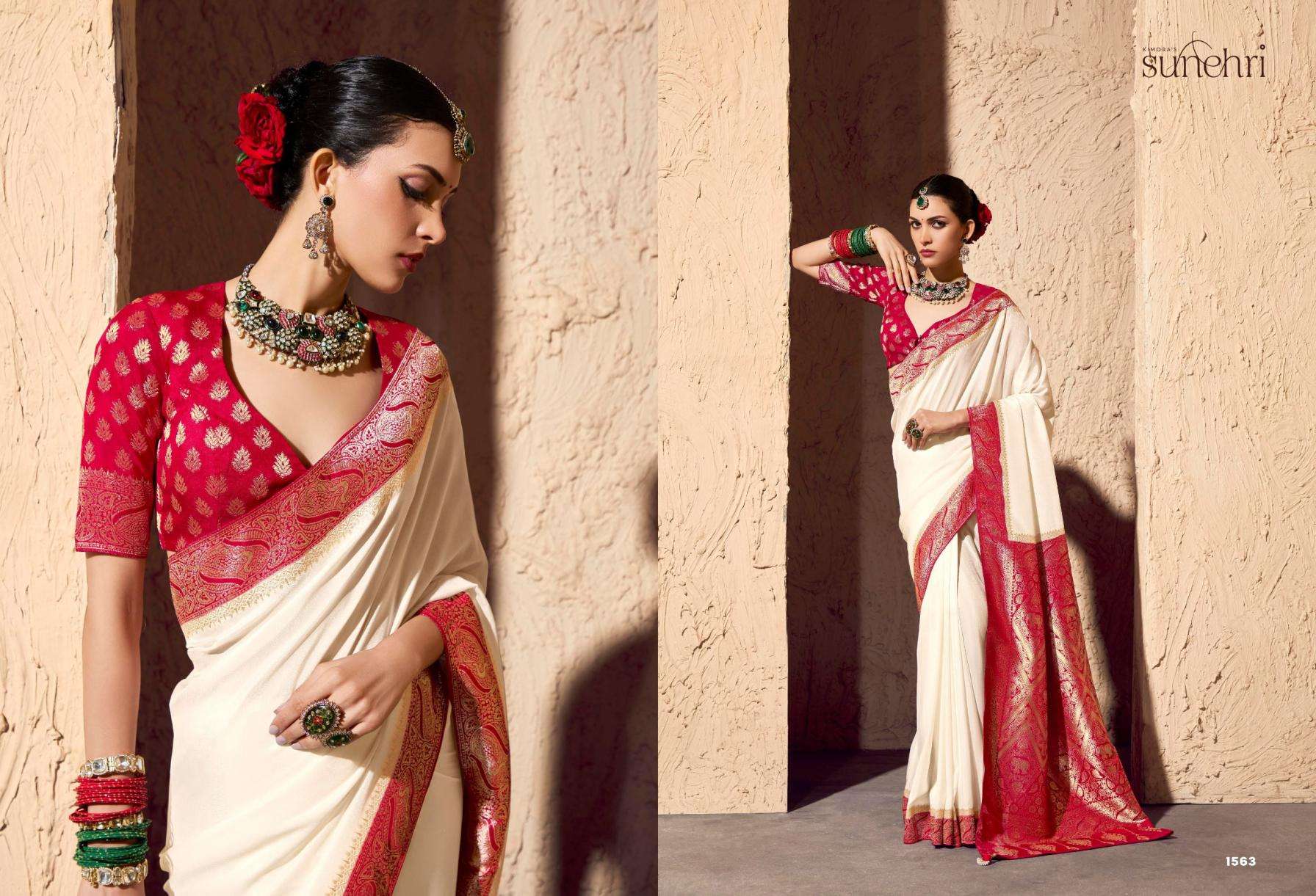 Kimora Presents Indri Sunehri Crape Georgette 1561-1571 Occasion Wear Saree Catalog Wholesaler And Exporter 