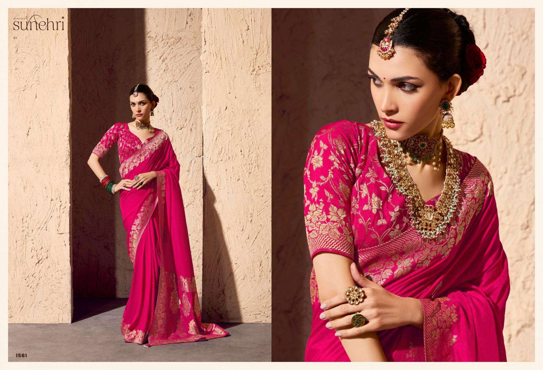 Kimora Presents Indri Sunehri Crape Georgette 1561-1571 Occasion Wear Saree Catalog Wholesaler And Exporter 