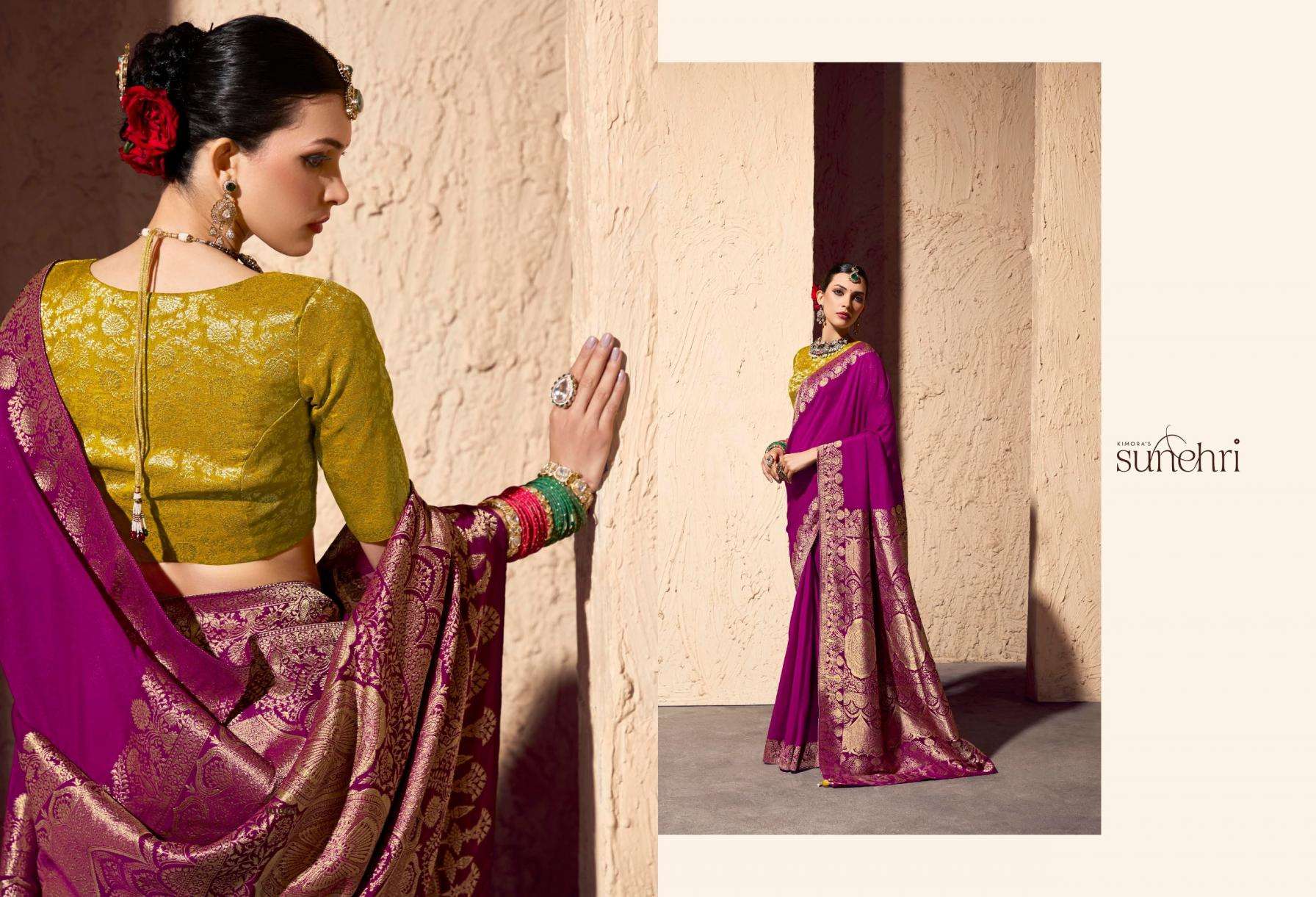 Kimora Presents Indri Sunehri Crape Georgette 1561-1571 Occasion Wear Saree Catalog Wholesaler And Exporter 