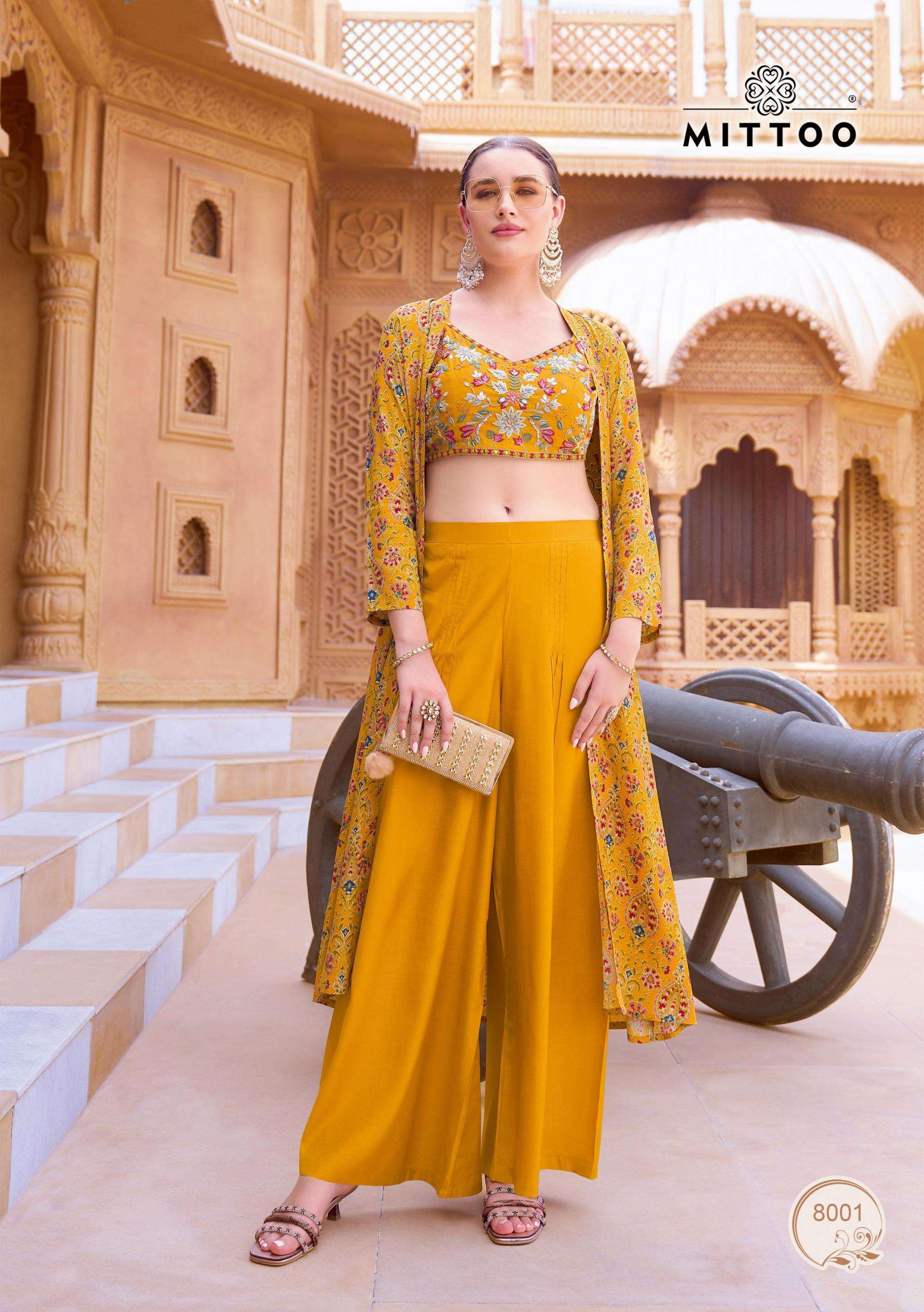 Mittoo Presents Zubeda Roman Silk Attractive Look Readymade Shrug Blouse With Plazzo Catalog Wholesaler And Exporter In Surat