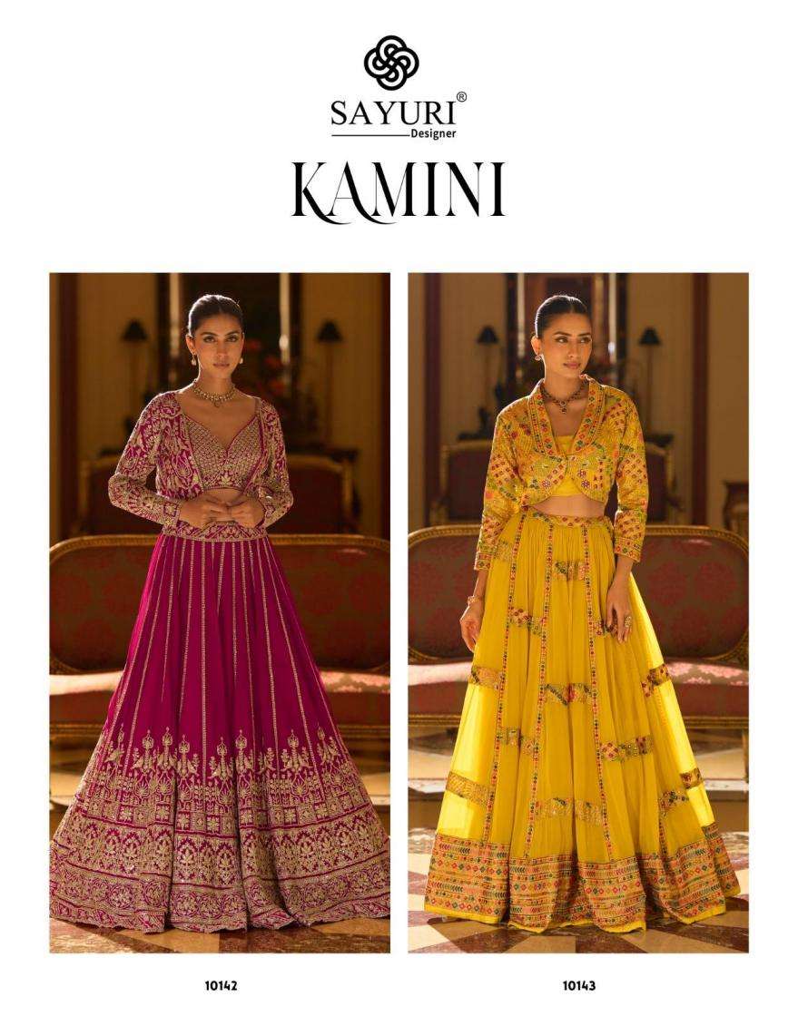 Sayuri Designer Presents Kamini Full Stitch Georgette Lehenga Shrug With Blouse Catalog Wholesaler And Exports