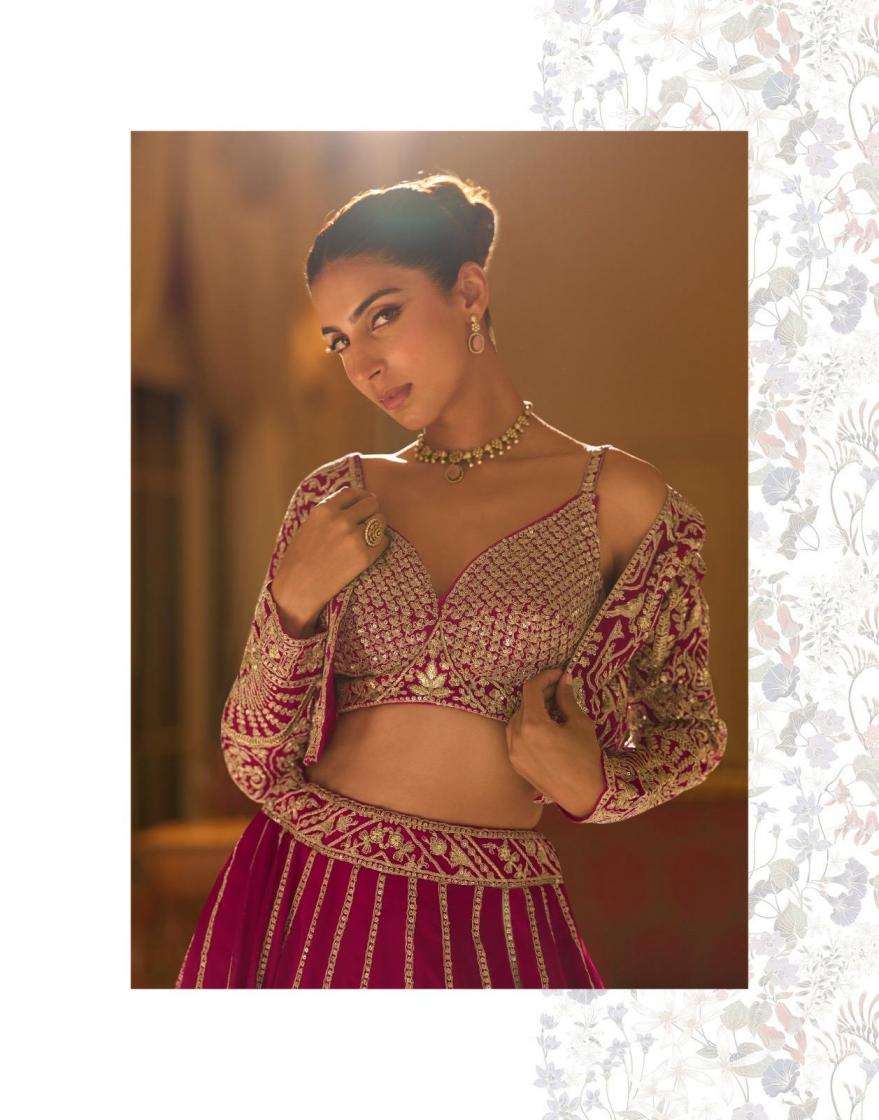 Sayuri Designer Presents Kamini Full Stitch Georgette Lehenga Shrug With Blouse Catalog Wholesaler And Exports