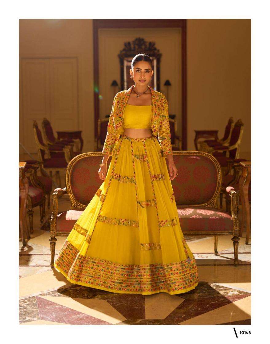 Sayuri Designer Presents Kamini Full Stitch Georgette Lehenga Shrug With Blouse Catalog Wholesaler And Exports