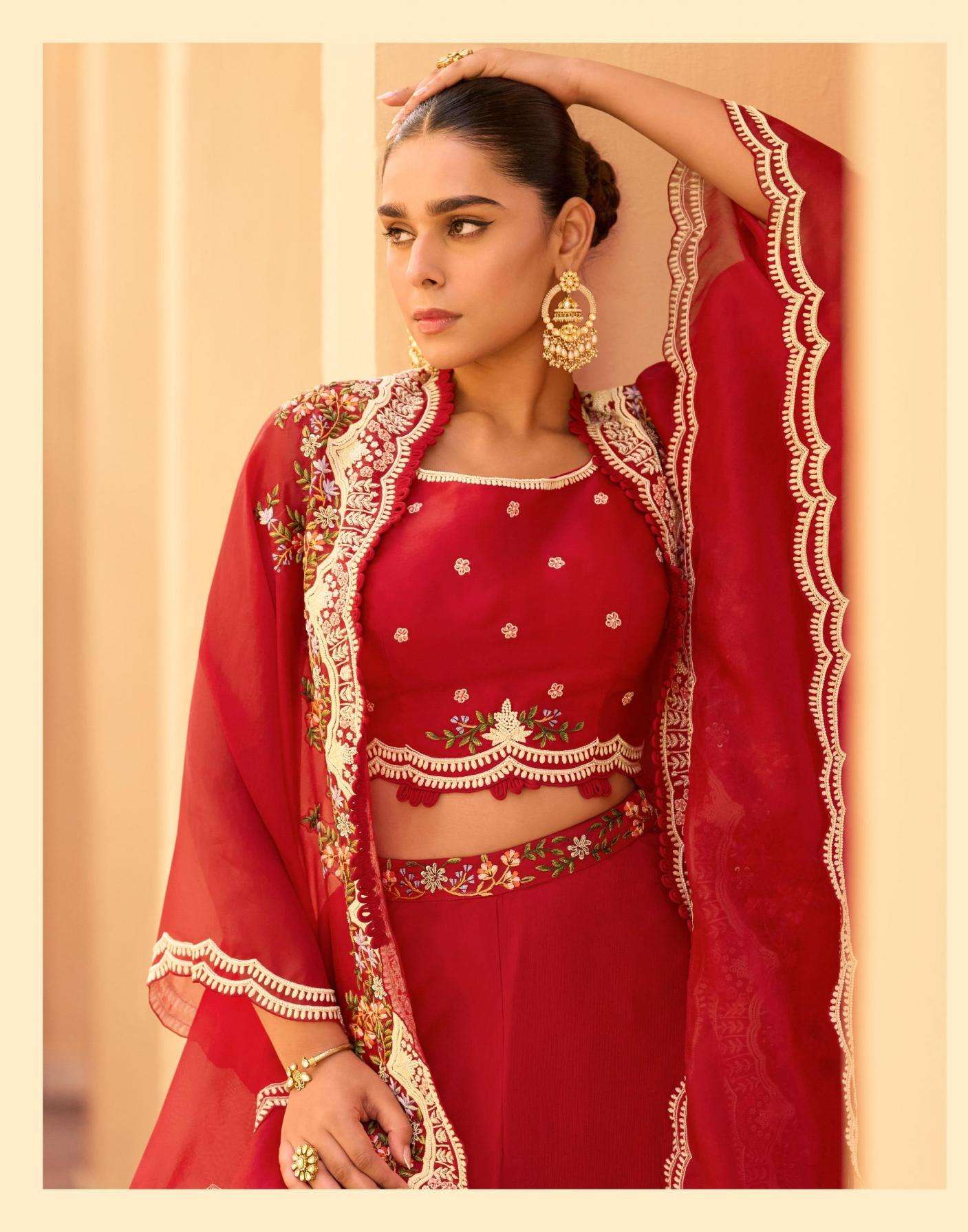 Sayuri Designer Presents Rosy Fully Stitch Chinon Shrug Blouse & Plazzo Western Dress Catalog Wholesaler And Exporter 