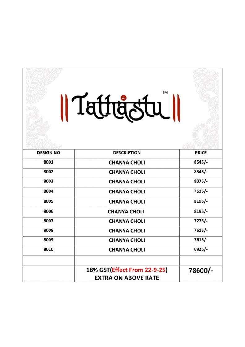 Tathastu Presents Anaara 8001-8010 Silk Embroidery Work Wedding Wear Chaniya Choli Catalog Wholesaler And Exporter 
