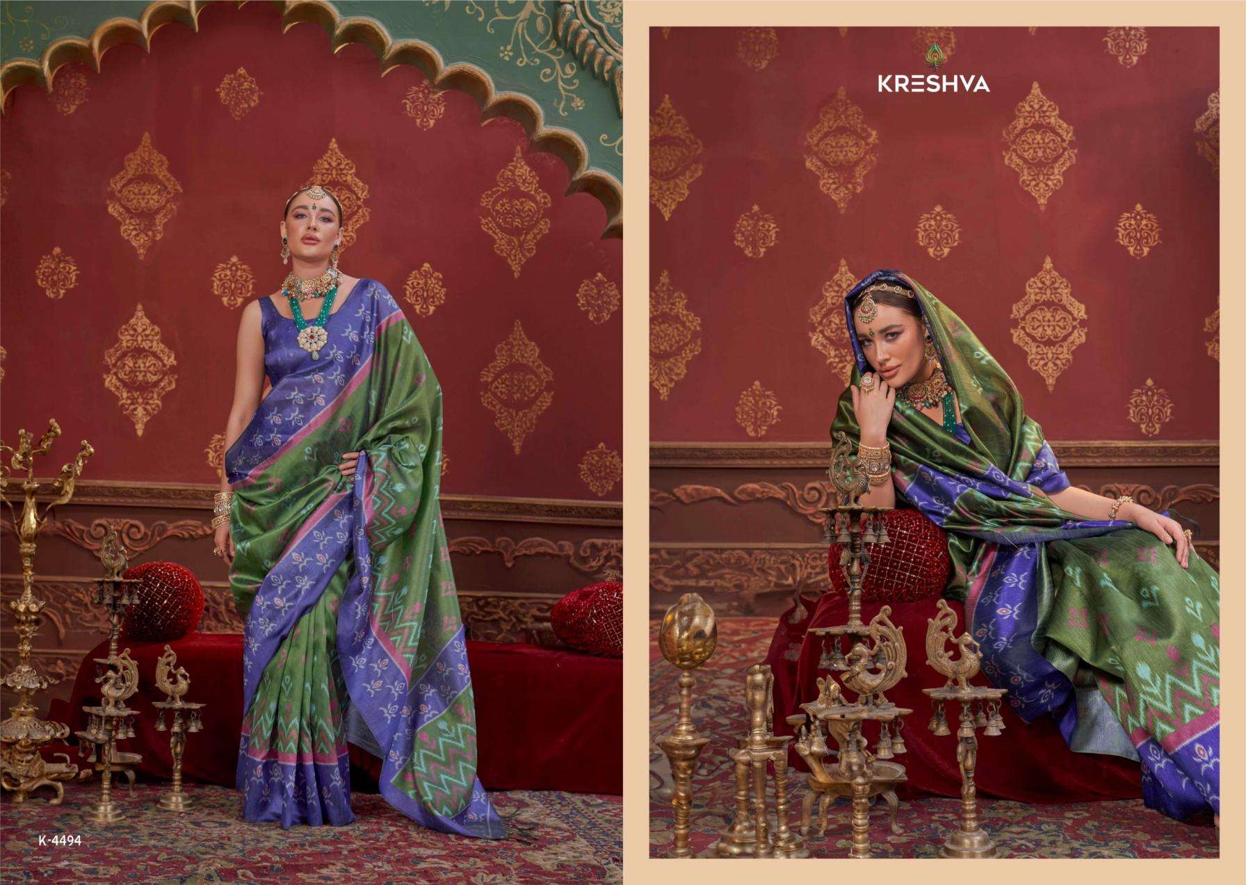 Kreshva Presents Kalki 4494-4505 Silk With Ikkat Design Sarees Catalog Wholesaler And Exporter 