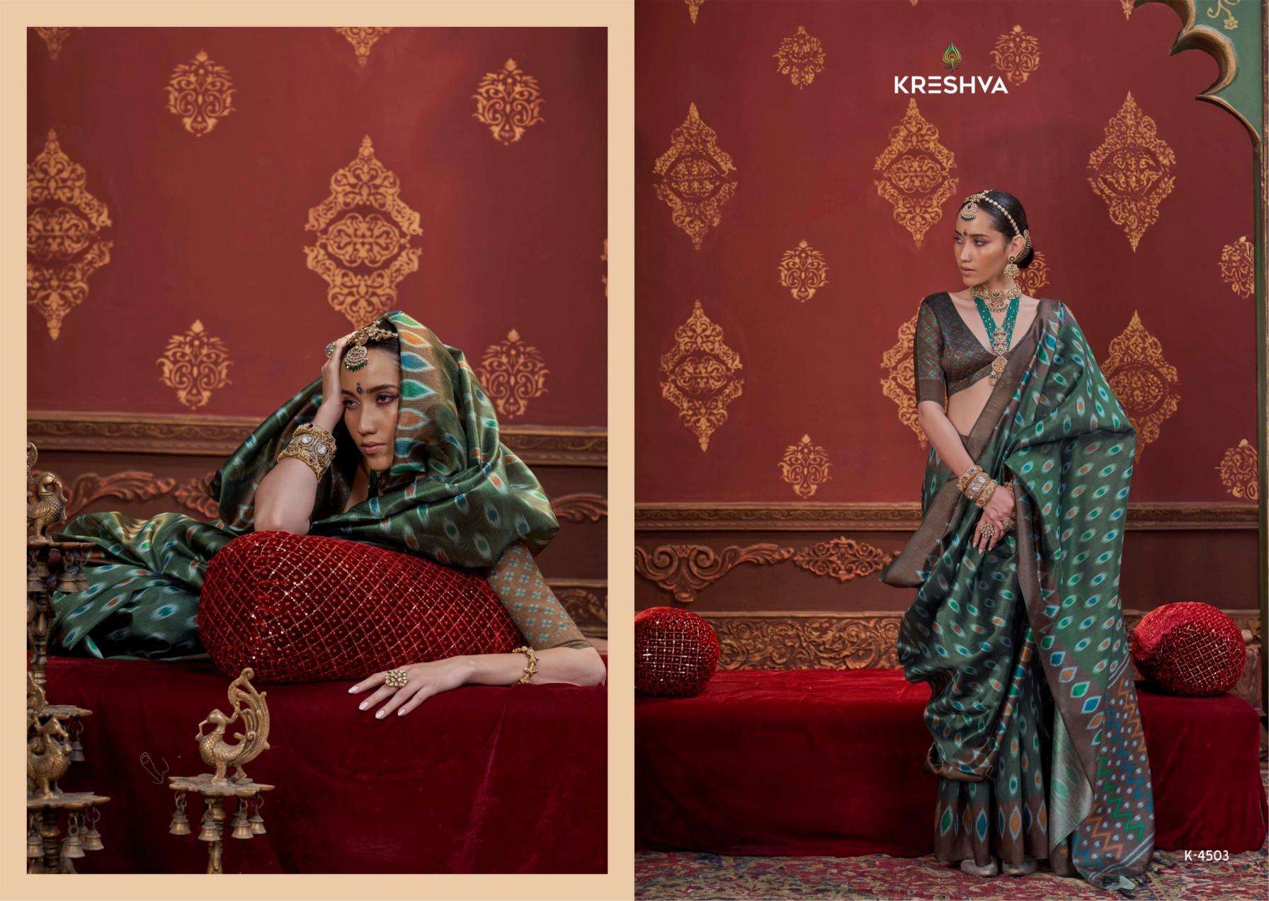 Kreshva Presents Kalki 4494-4505 Silk With Ikkat Design Sarees Catalog Wholesaler And Exporter 