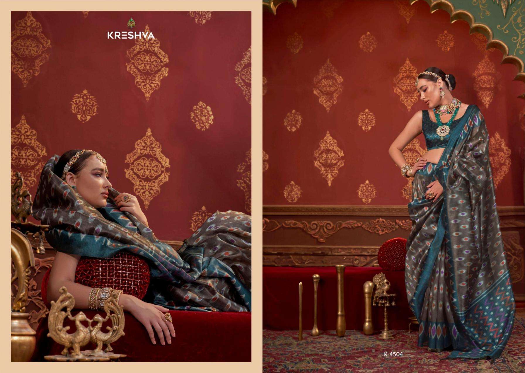 Kreshva Presents Kalki 4494-4505 Silk With Ikkat Design Sarees Catalog Wholesaler And Exporter 