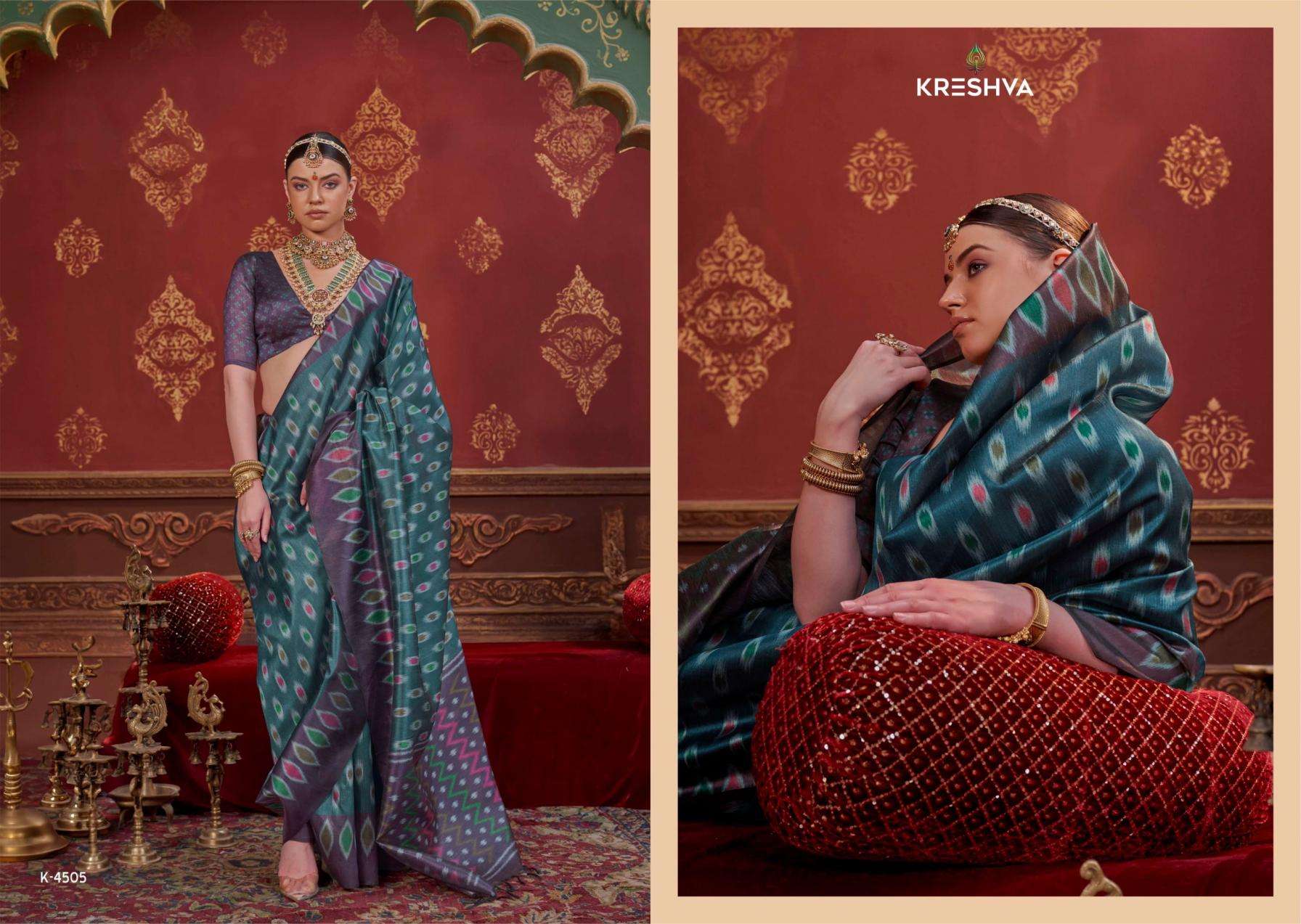 Kreshva Presents Kalki 4494-4505 Silk With Ikkat Design Sarees Catalog Wholesaler And Exporter 