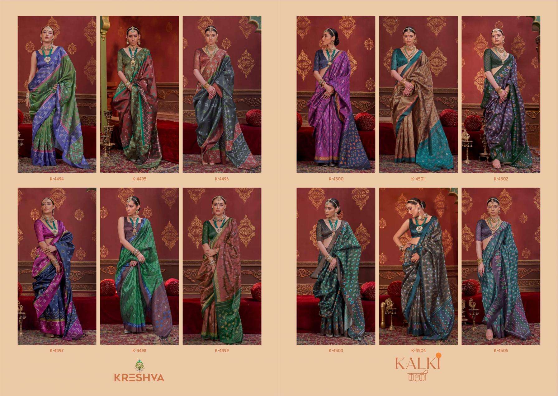 Kreshva Presents Kalki 4494-4505 Silk With Ikkat Design Sarees Catalog Wholesaler And Exporter 