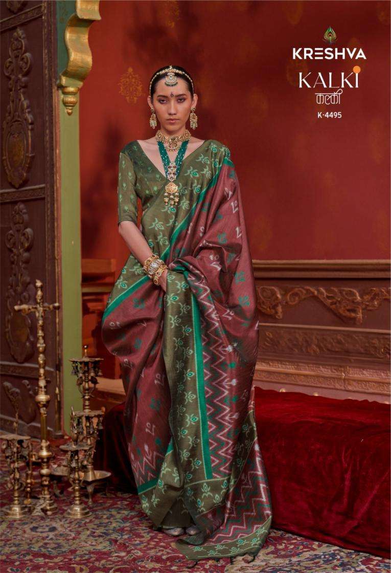 Kreshva Presents Kalki 4494-4505 Silk With Ikkat Design Sarees Catalog Wholesaler And Exporter 