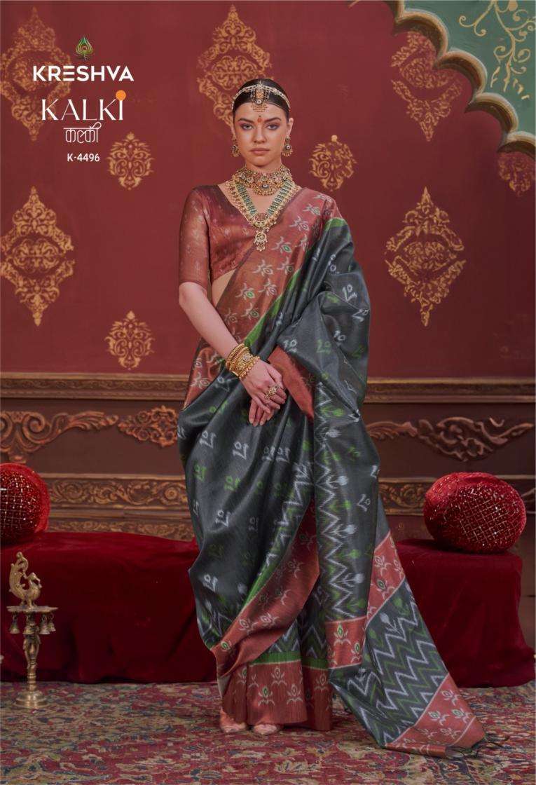 Kreshva Presents Kalki 4494-4505 Silk With Ikkat Design Sarees Catalog Wholesaler And Exporter 