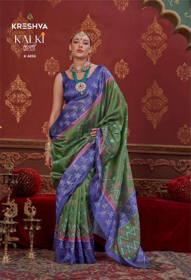 Kreshva Presents Kalki 4494-4505 Silk With Ikkat Design Sarees Catalog Wholesaler And Exporter 
