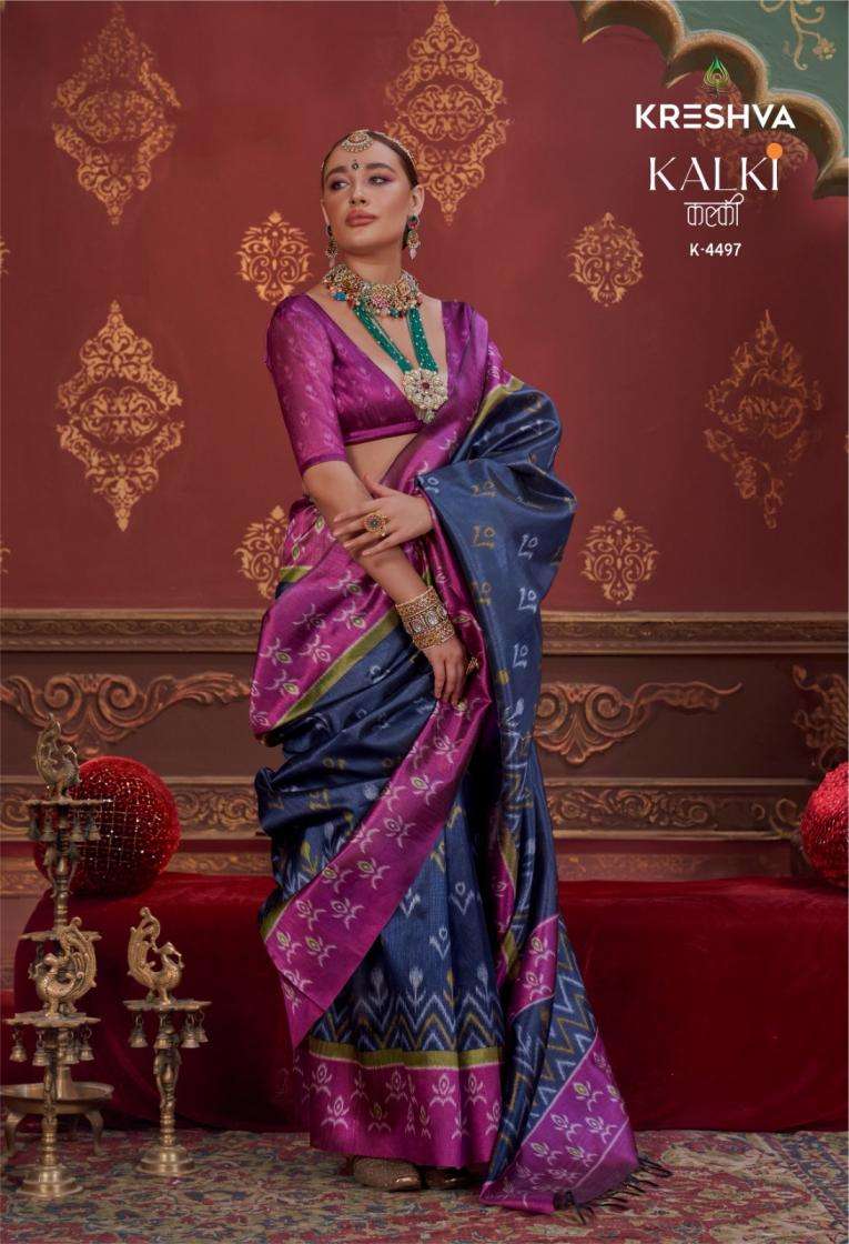 Kreshva Presents Kalki 4494-4505 Silk With Ikkat Design Sarees Catalog Wholesaler And Exporter 
