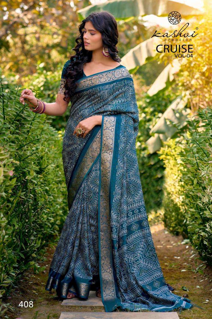 KASHVI CREATION PRESENTS CRUISE VOL-4 WHOLESALE MARSHOMELLO SILK PRETTY LOOK INDIAN SAREES FOR WOMEN CATALOG WHOLESALER AND EXPORTER 